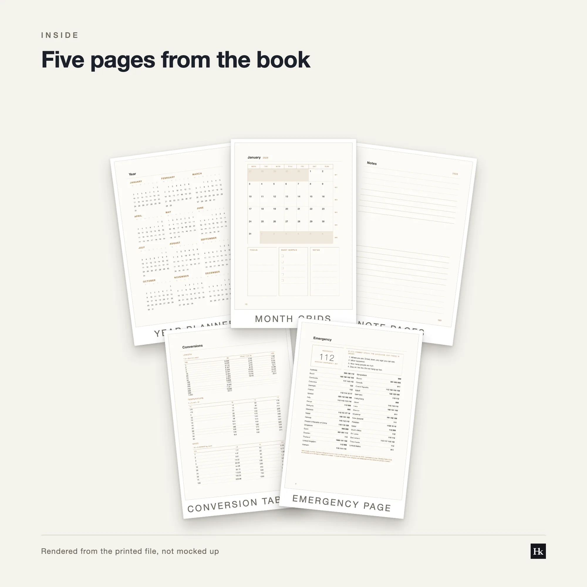 Five pages from the Site Diary laid out as cards: a filled day page, a month spread, a notes page, a reference table, and the pen test page.