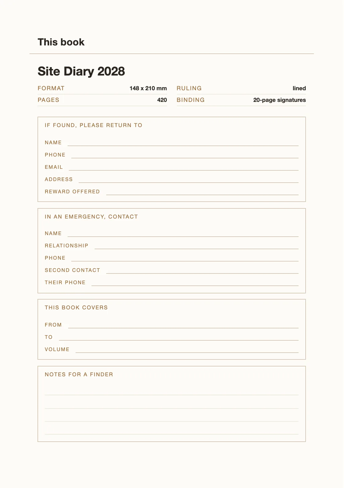 Uma página para o seu nome e número, para que um livro perdido possa voltar. — Site Diary 2028
