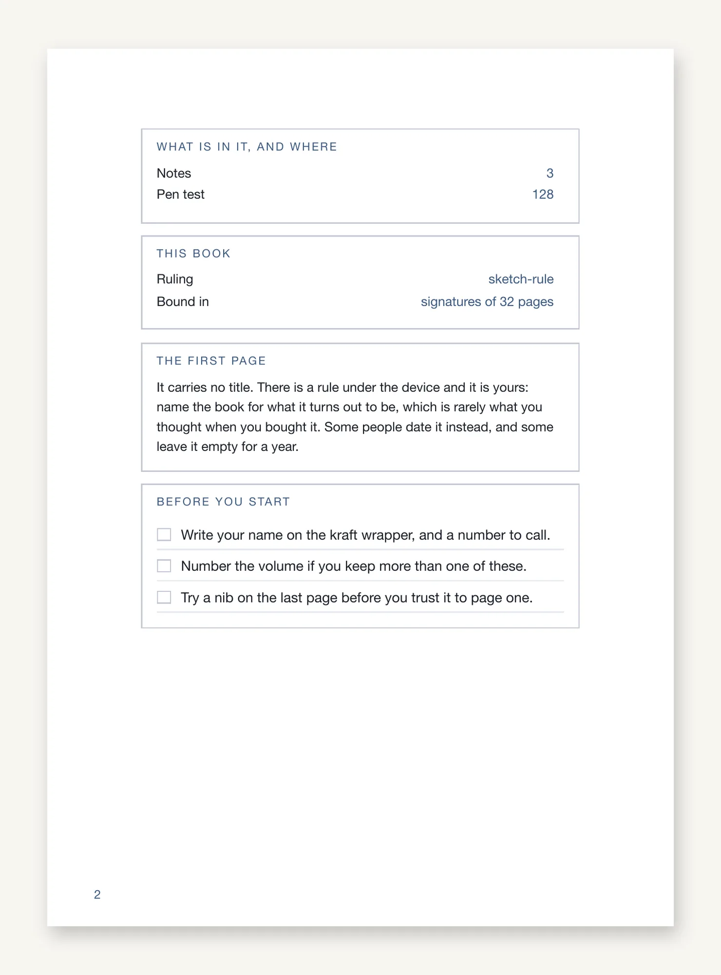 The front matter page, stating the contents and their pages, the ruling and the signature count, then a short checklist.
