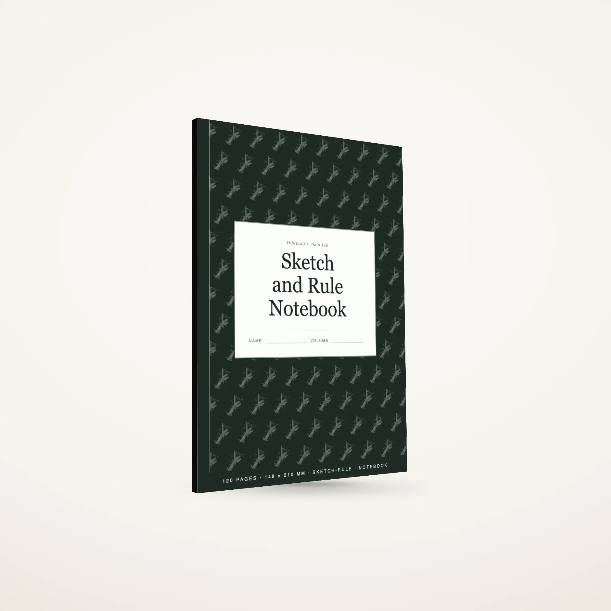 Sketch and Rule Notebook A5 de pé e fechado, capa verde-salva com um motivo de natureza a negativo, com cerca de sete milímetros de espessura.