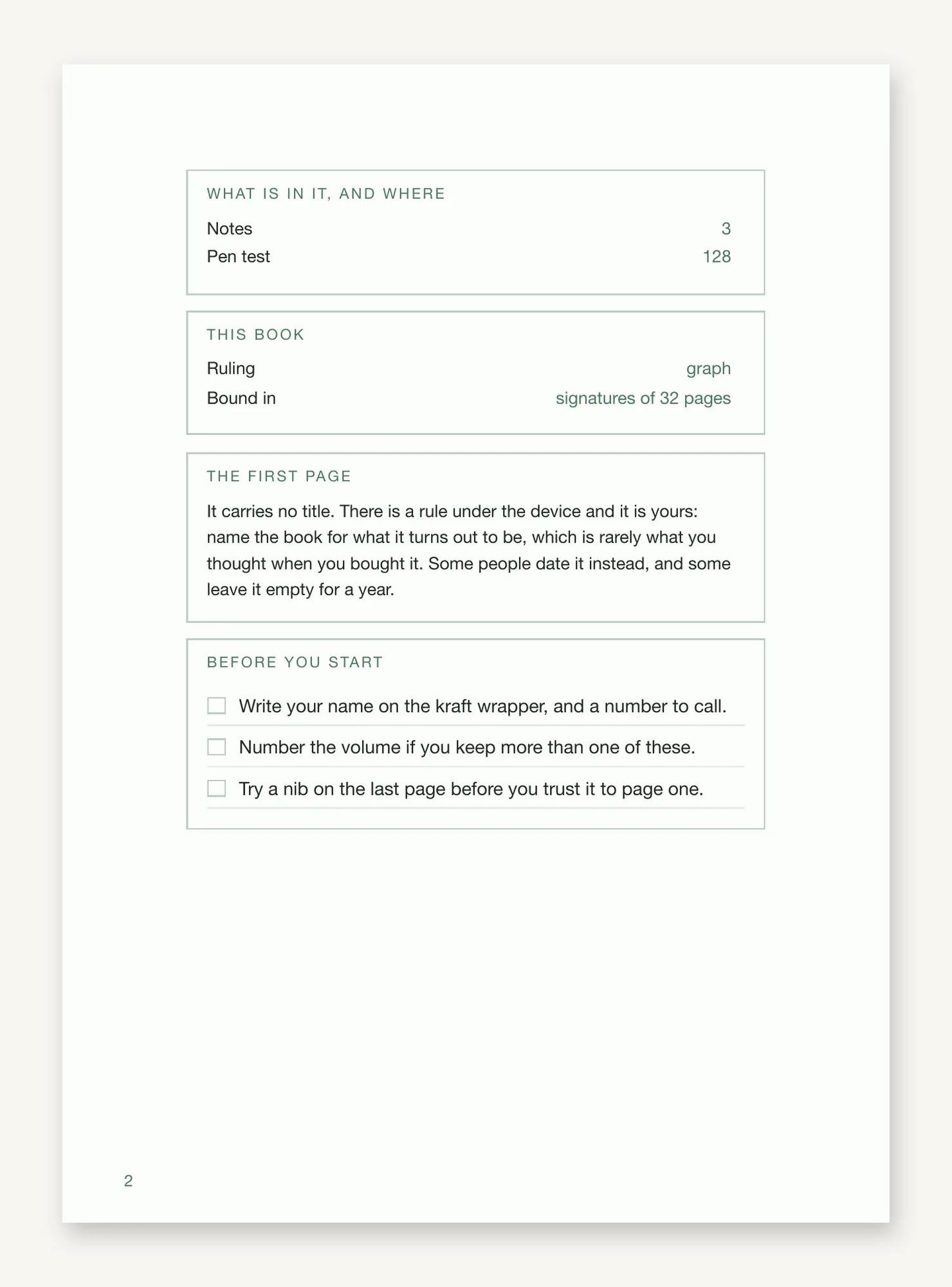 The front matter page, giving the contents and their pages, the ruling and the signature count, with a checklist before you start.