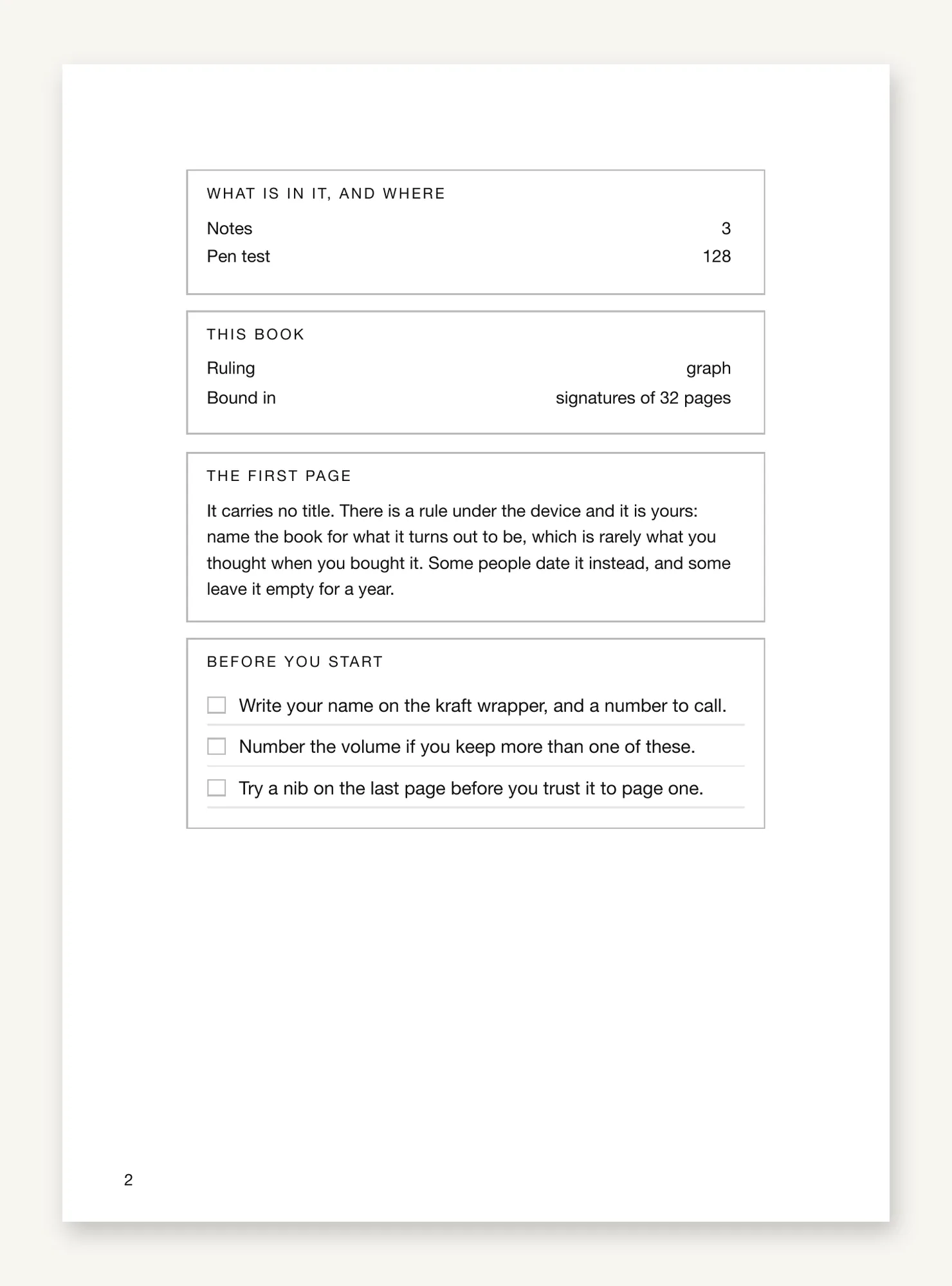 The front matter page, listing the contents and their starting pages, the ruling and the signature count, then a short checklist.