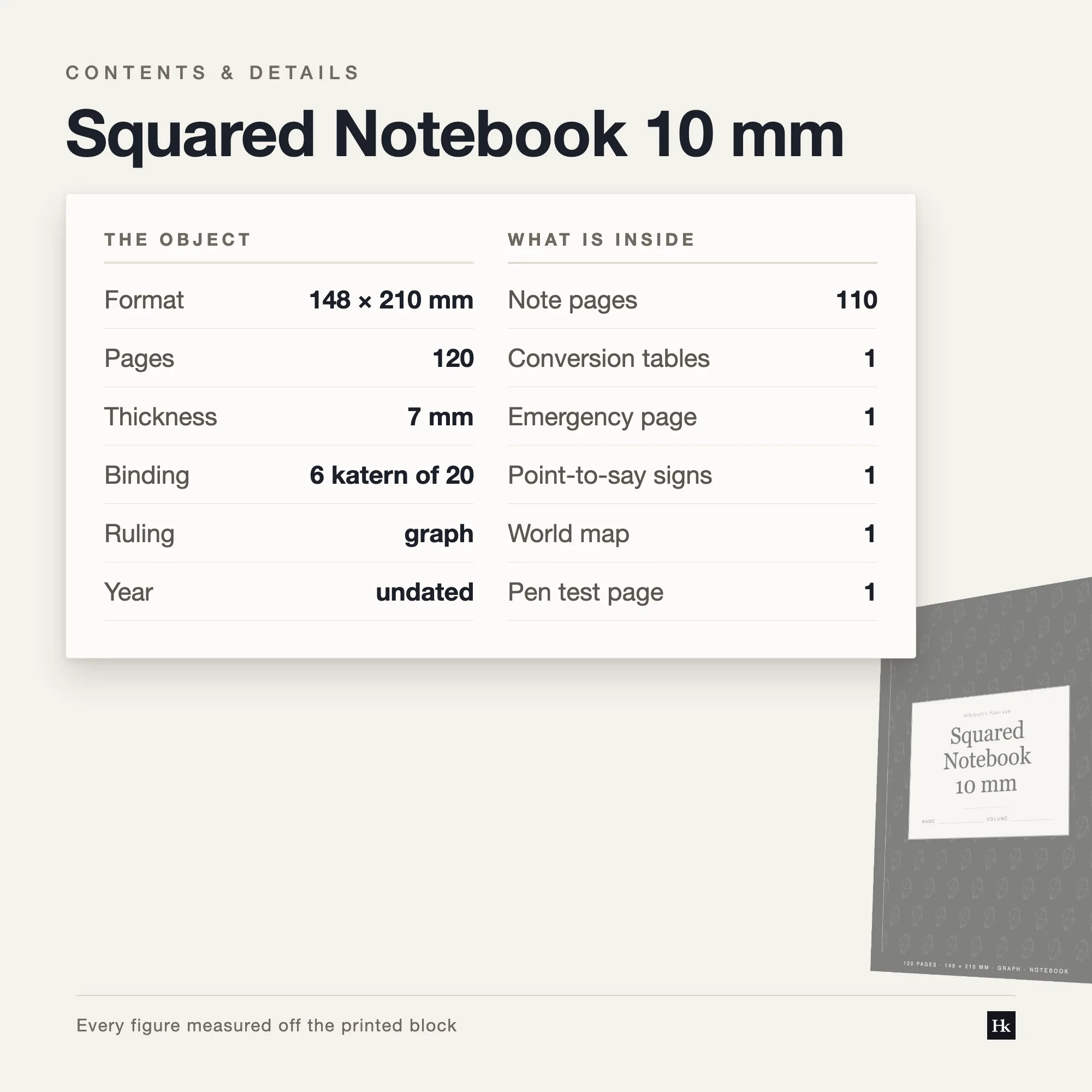 Specification card for the Squared Notebook 10 mm listing 110 ruled pages, 10.0 mm pitch, 17 rows, 120 pages total, A5 trim.