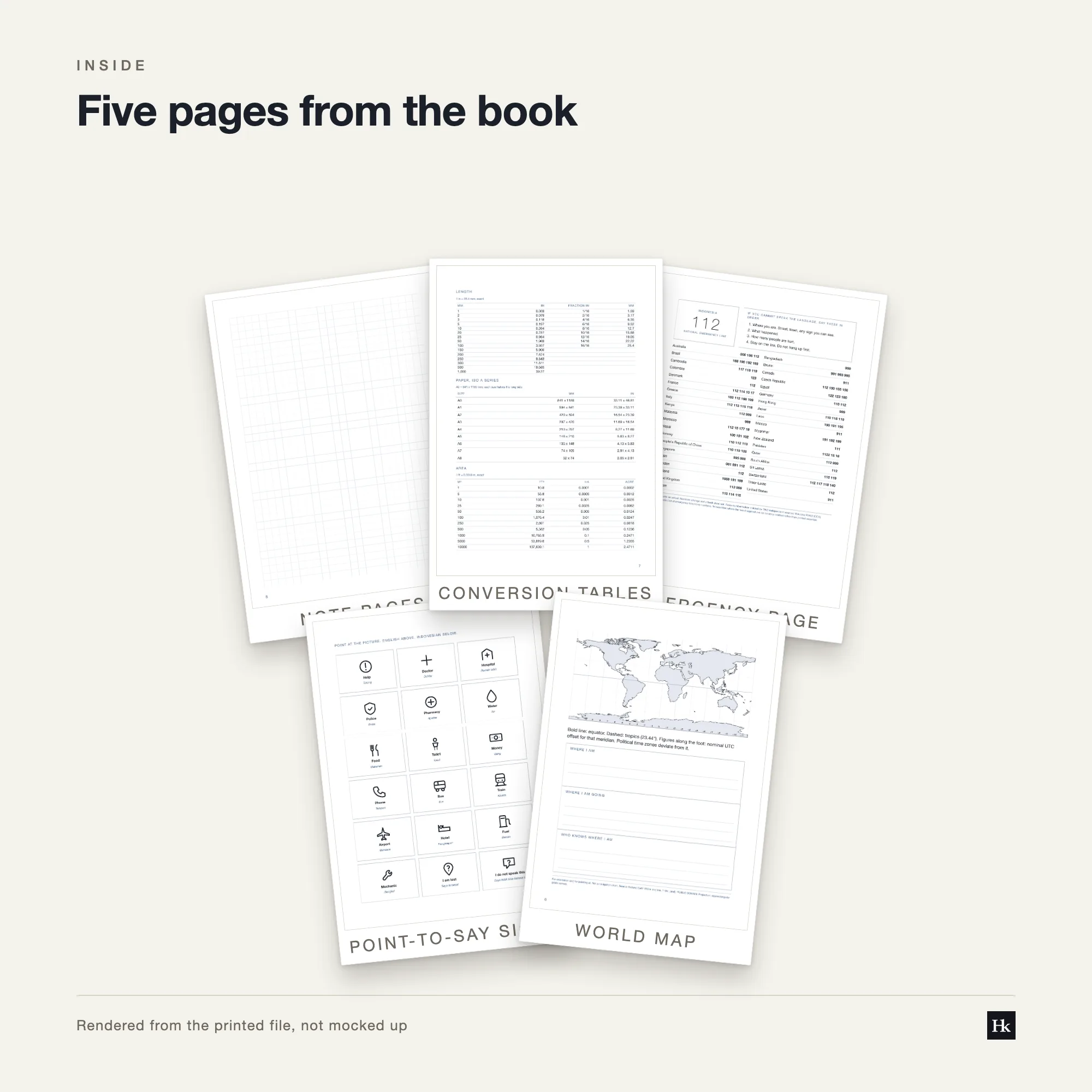 Five pages from the Squared Notebook 5 mm shown as cards: cover, two squared grid pages, a conversion table, and a pen test page.