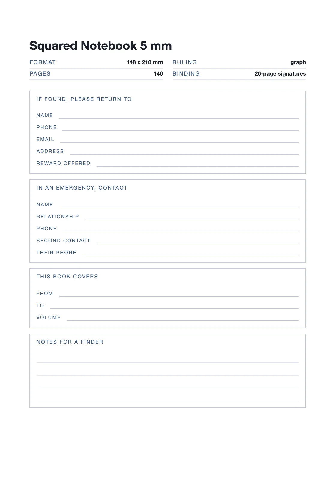 Satu halaman untuk nama dan nomor Anda, supaya buku yang hilang bisa kembali. — Squared Notebook 5 mm