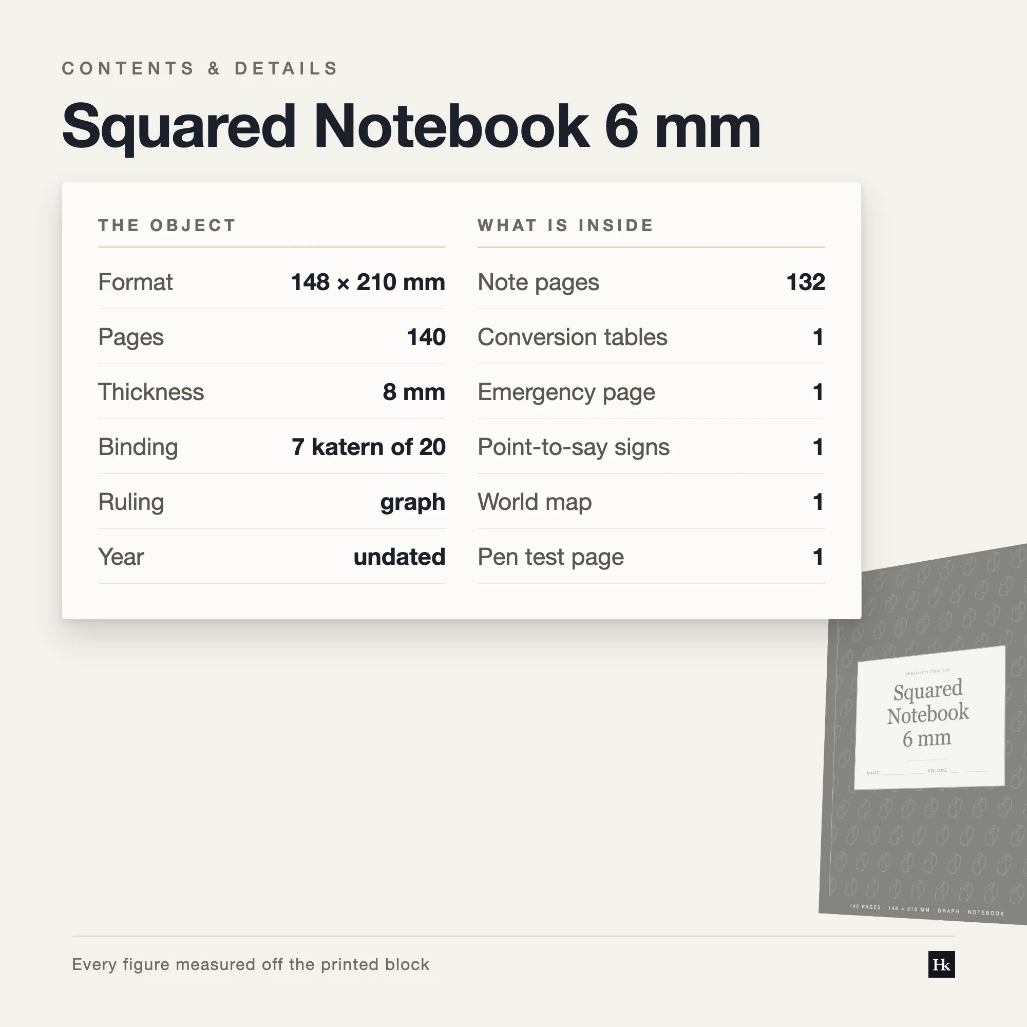 Specification card for the Squared Notebook 6 mm listing 132 ruled pages, 6.0 mm pitch, 30 rows, 140 pages total, A5 trim.