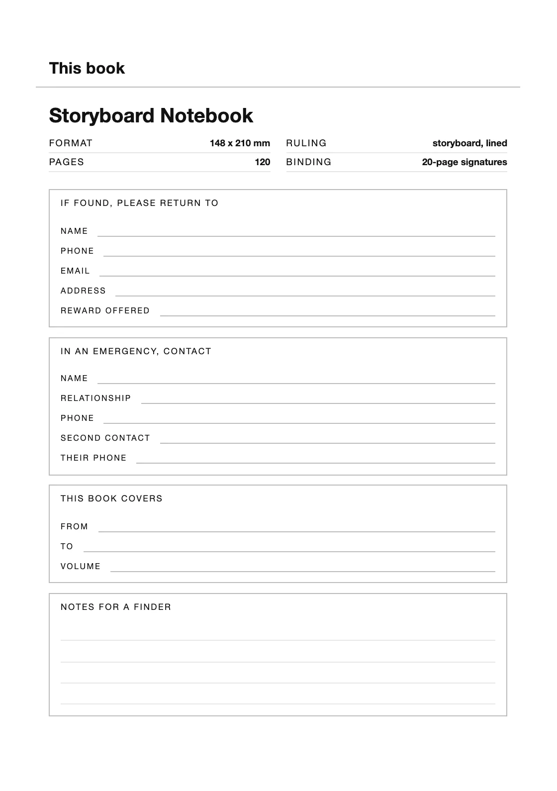 Satu halaman untuk nama dan nomor Anda, supaya buku yang hilang bisa kembali. — Storyboard Notebook