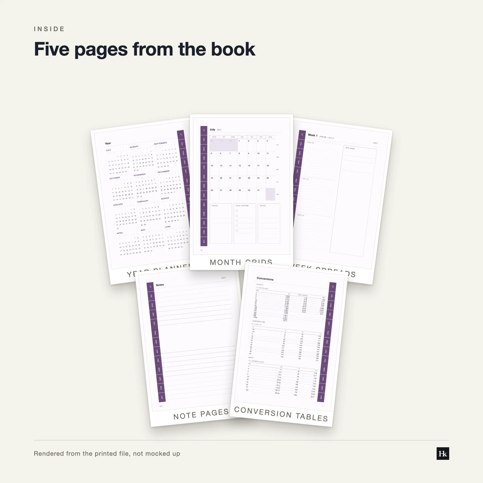 Five pages from the Student Academic Diary 2027 laid out as cards: a timetable grid, a week-on-two-pages spread, a project page, a lined notes page, and a reference table.
