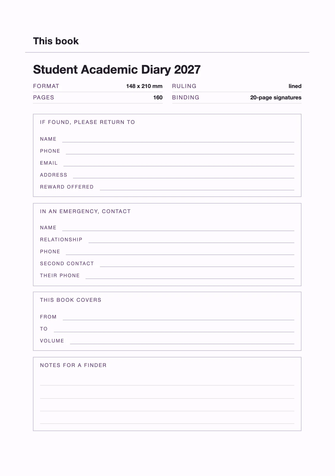 Uma página para o seu nome e número, para que um livro perdido possa voltar. — Student Academic Diary 2027