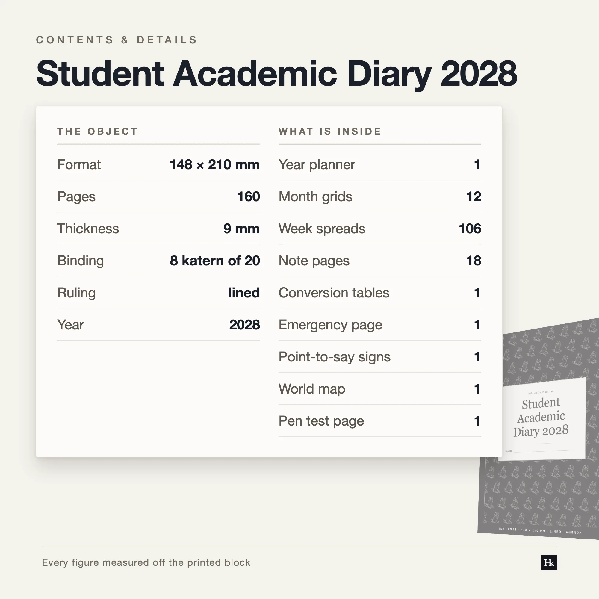 Specification card for the Student Academic Diary 2028: timetable, week, project, notes and reference pages, one hundred and sixty pages total, A5, eight signatures of twenty.
