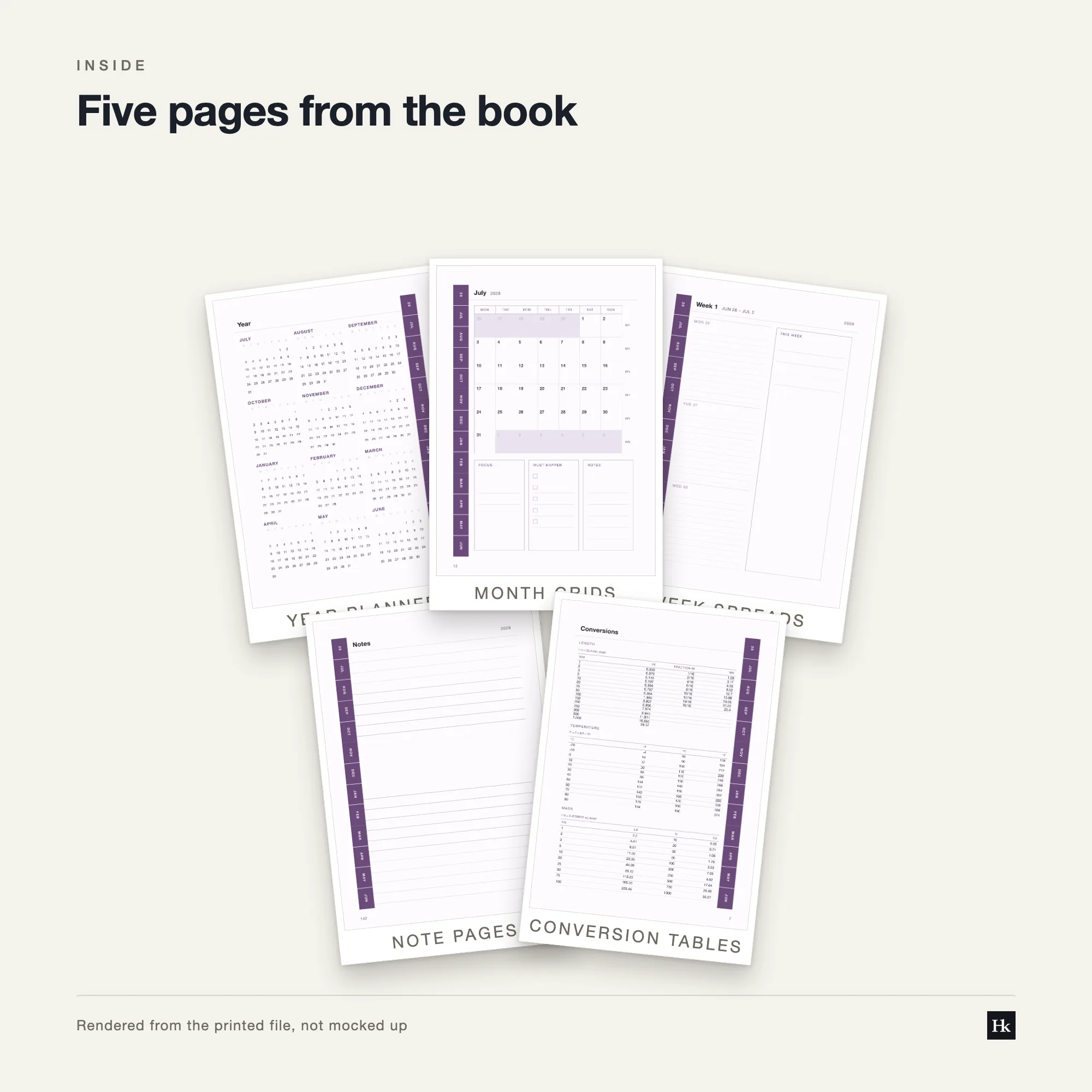 Five pages from the Student Academic Diary 2028 laid out as cards: a timetable grid, a week-on-two-pages spread, a project page, a lined notes page, and a reference table.