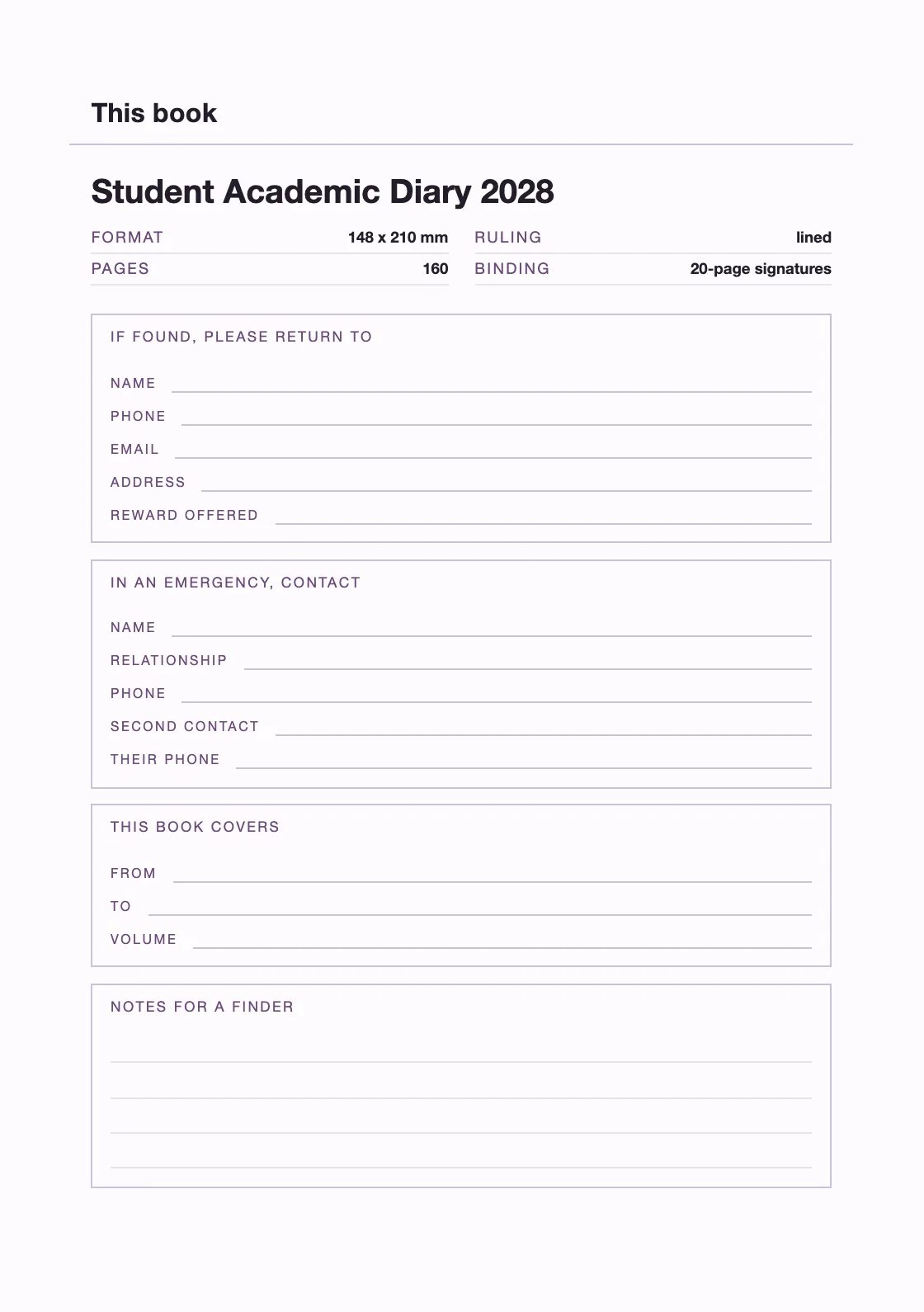 Uma página para o seu nome e número, para que um livro perdido possa voltar. — Student Academic Diary 2028