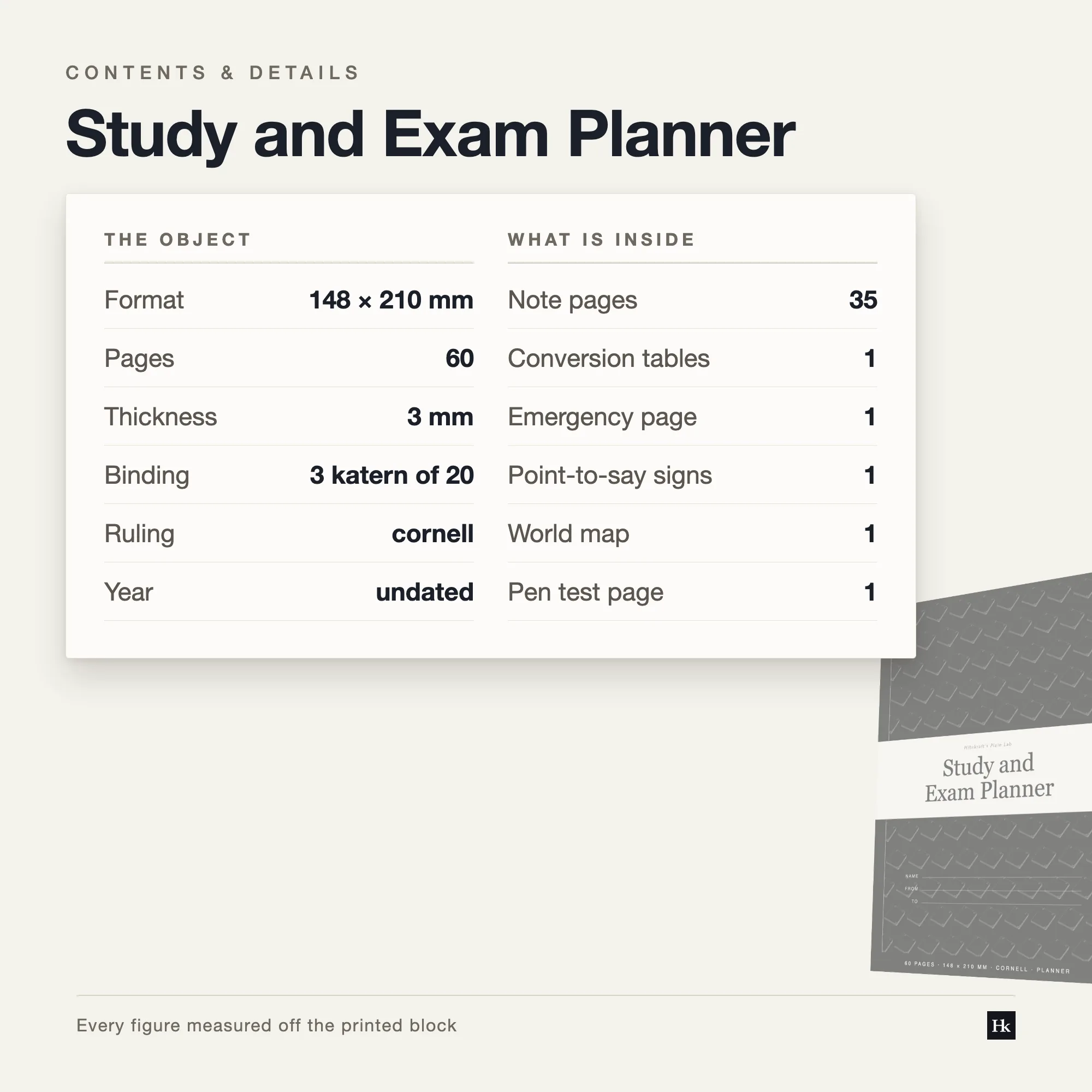 Specification card listing the Study and Exam Planner contents: 35 Cornell-ruled pages, 8 habit pages, 4 goal pages, 60 pages total, A5 trim.