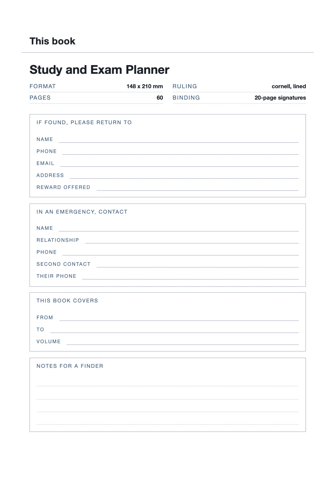 Uma página para o seu nome e número, para que um livro perdido possa voltar. — Study and Exam Planner