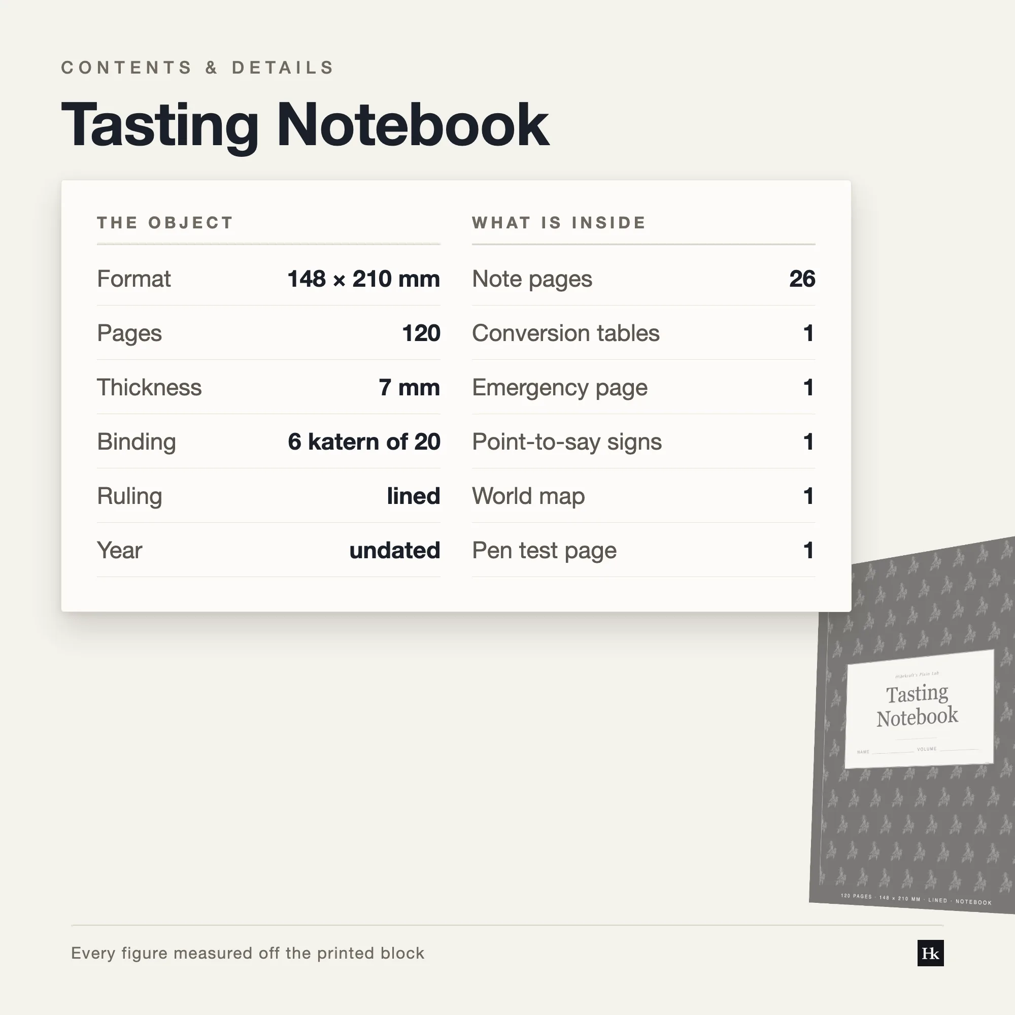Specification card listing the Tasting Notebook contents: 84 tasting pages, 26 notes pages, 120 pages total, A5 trim, six signatures of twenty.