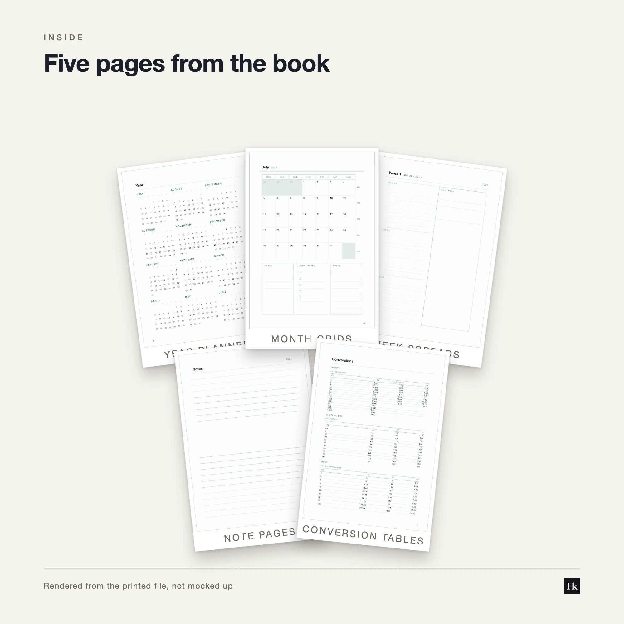Five pages from the Teacher's Planner 2027 laid out as cards: both halves of a weekly spread, a month page, a notes page, and the pen test page.