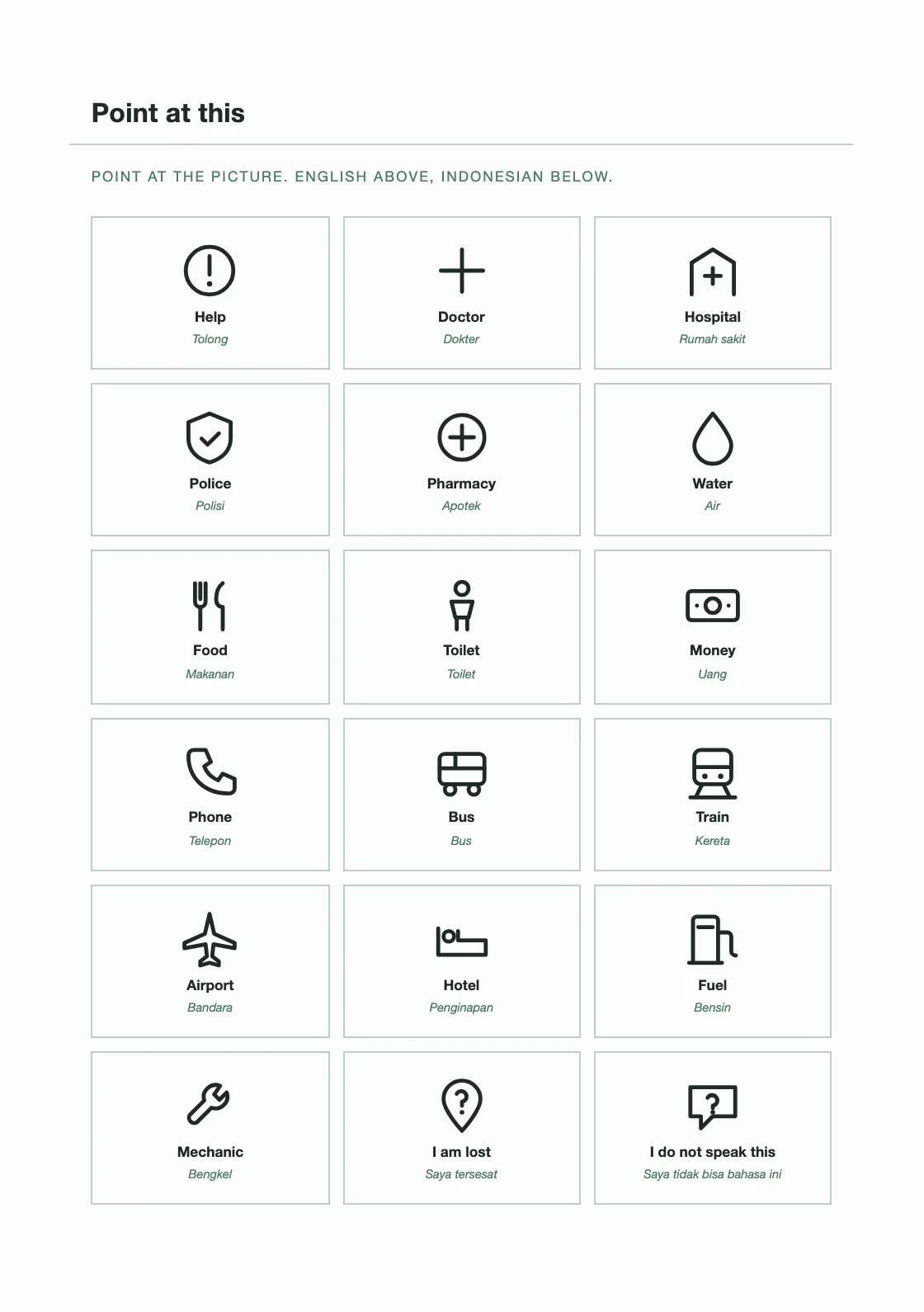 Piktogram dengan keterangan Inggris di atas dan Indonesia di bawah, untuk saat tidak ada bahasa yang sama. — Teacher's Planner 2027