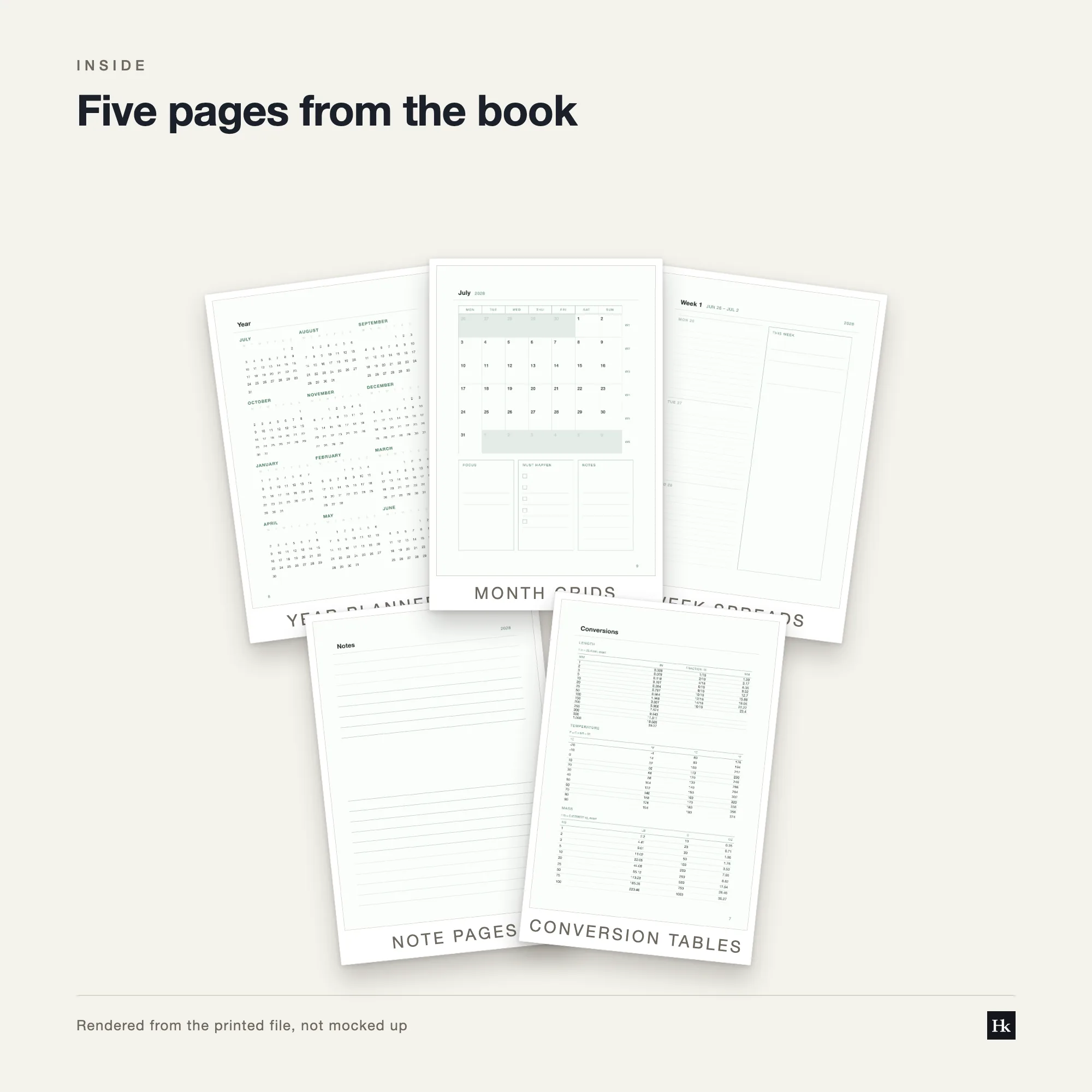 Five pages from the Teacher's Planner 2028 laid out as cards: both halves of a weekly spread, a month page, a notes page, and the pen test page.
