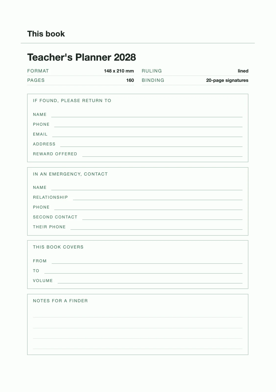 One page for your name and number, so a book that goes missing can come back. — Teacher's Planner 2028