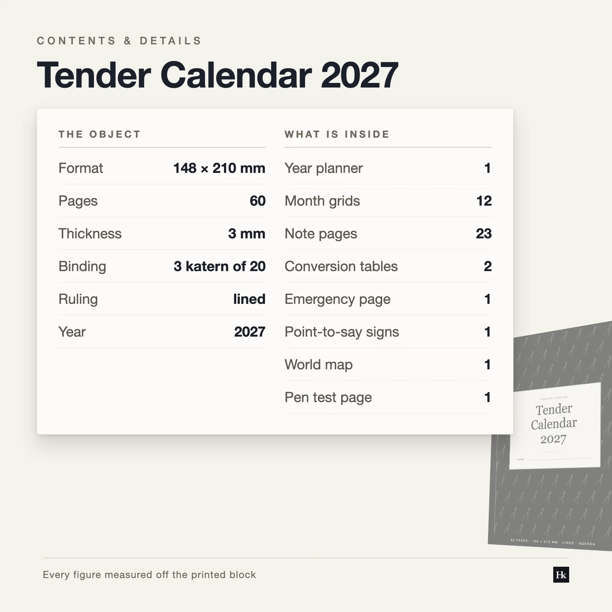 Specification card listing the Tender Calendar 2027 contents: 12 monthly pages, 12 project pages, 23 notes pages, 60 pages total, A5 trim, three signatures of twenty.