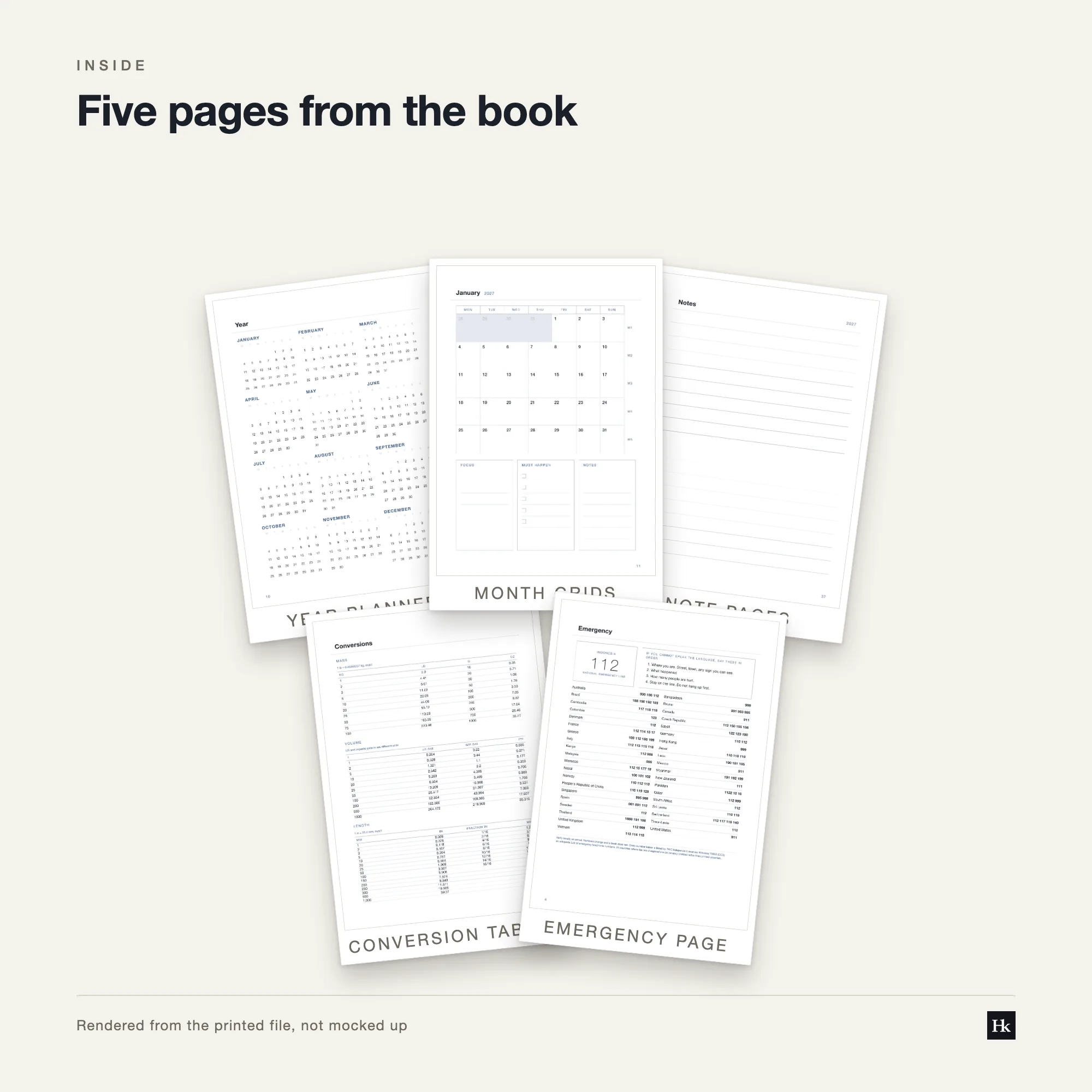 Five pages from the Tender Calendar 2027 laid out as cards: a month grid, a project page, a section divider, a lined notes page, and a reference page.