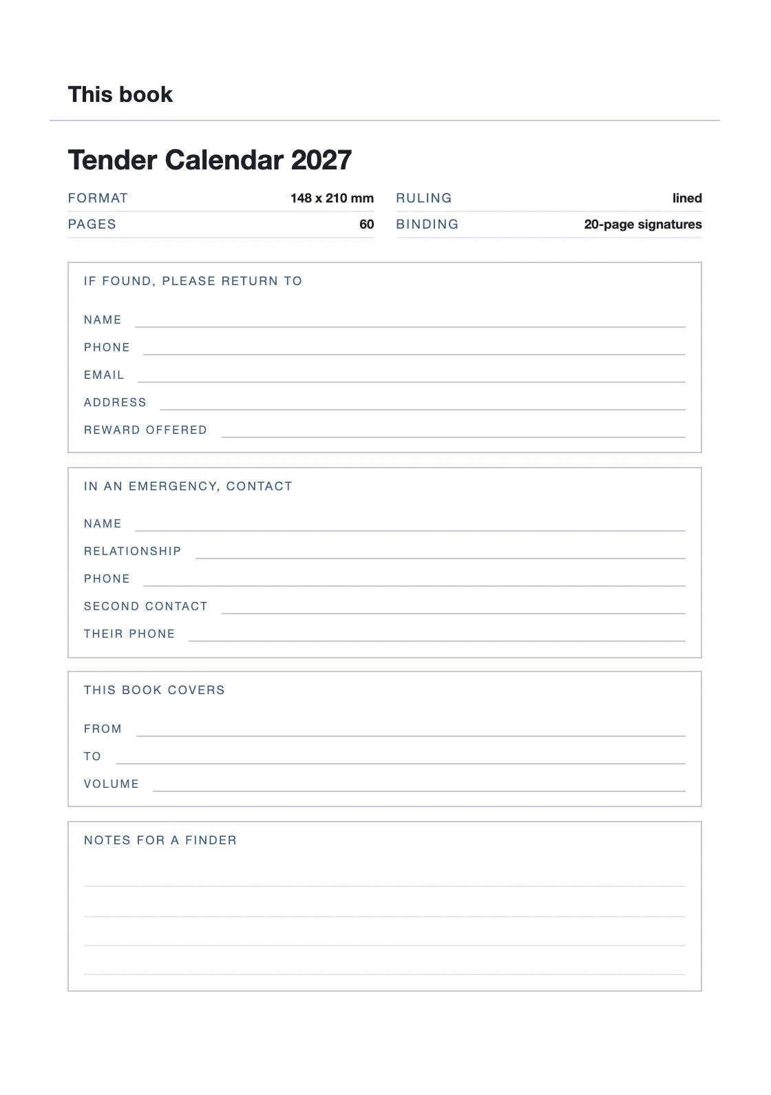 Satu halaman untuk nama dan nomor Anda, supaya buku yang hilang bisa kembali. — Tender Calendar 2027