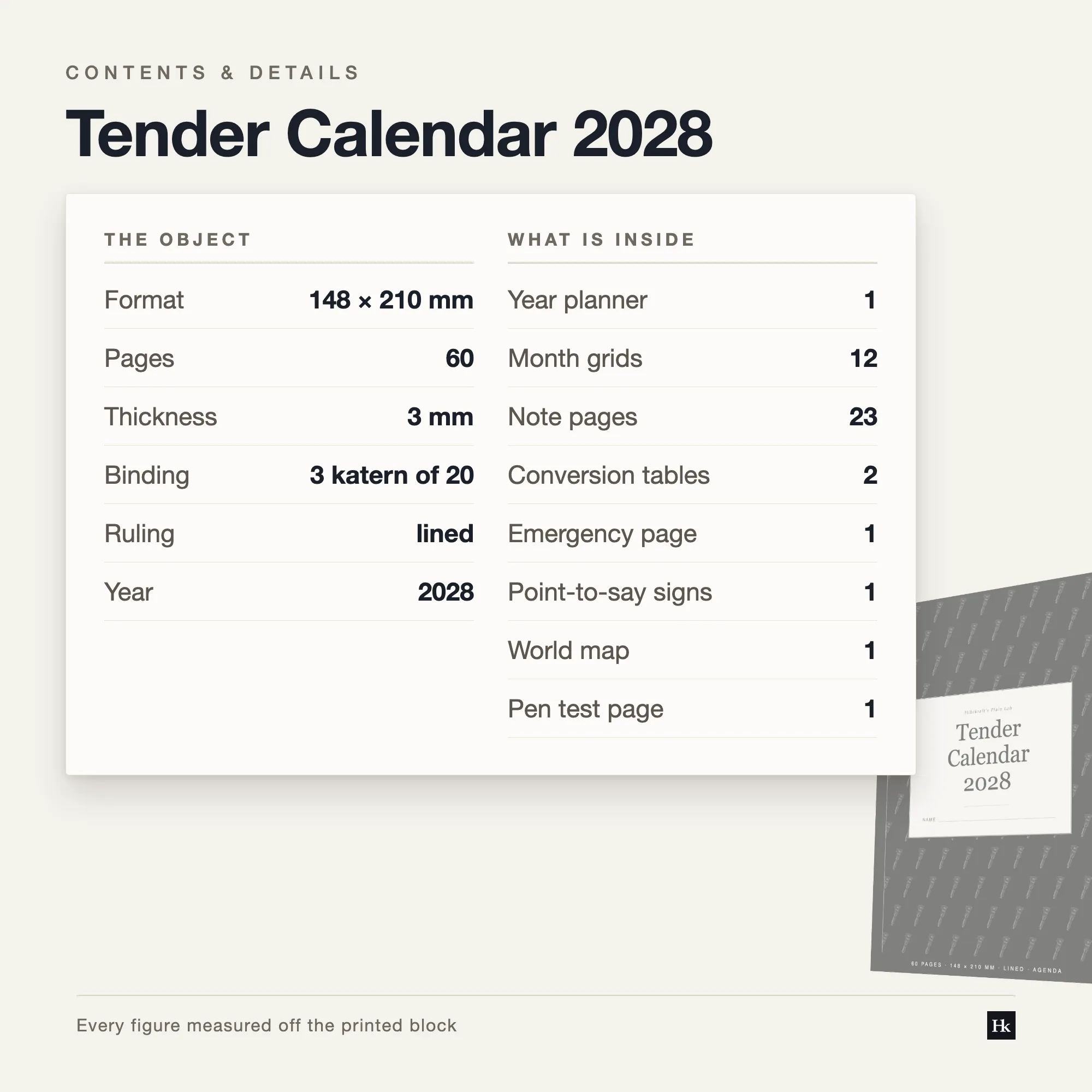 Specification card listing the Tender Calendar 2028 contents: 12 monthly pages, 12 project pages, 23 notes pages, 60 pages total, A5 trim, three signatures of twenty.