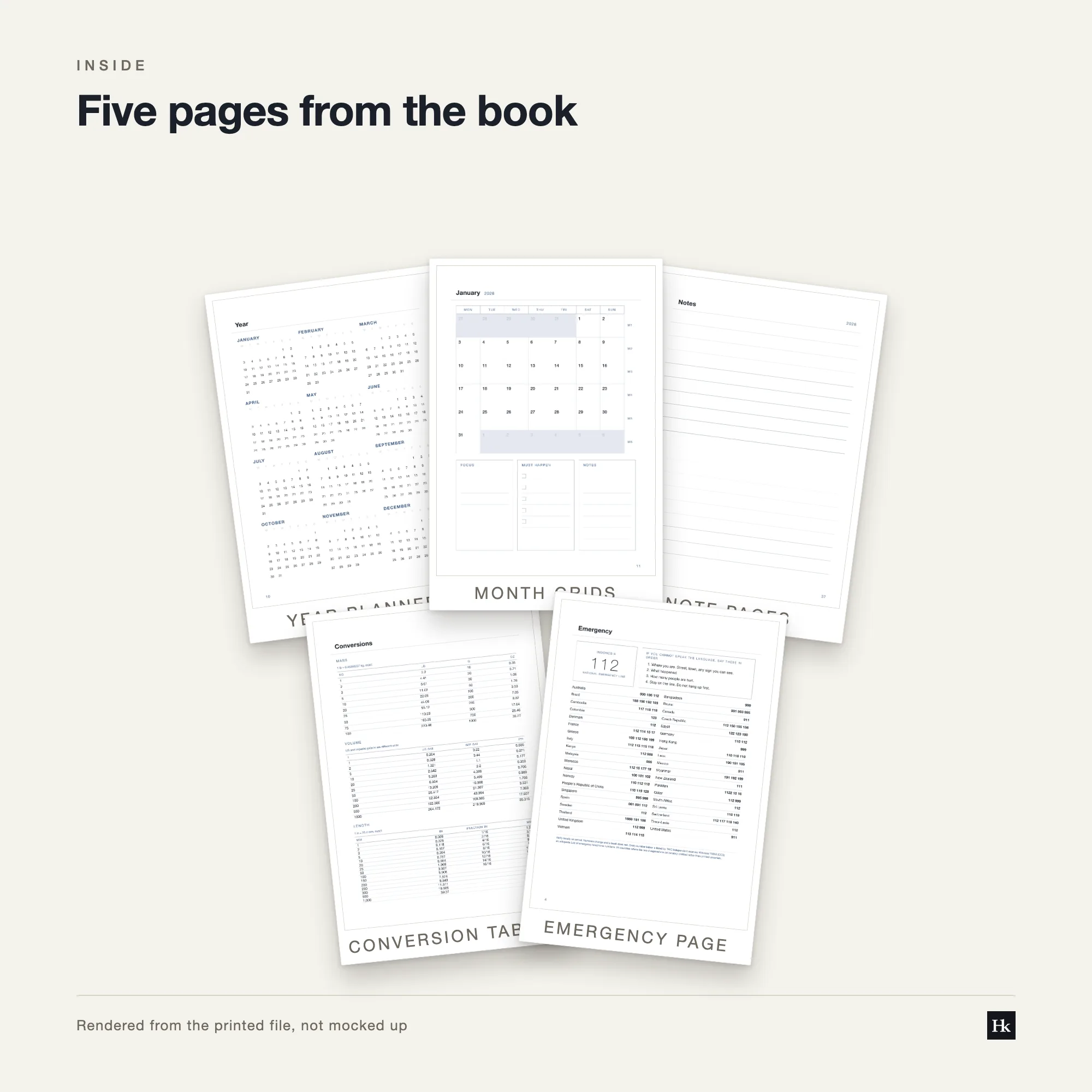 Five pages from the Tender Calendar 2028 laid out as cards: a month grid, a project page, a section divider, a lined notes page, and a reference page.