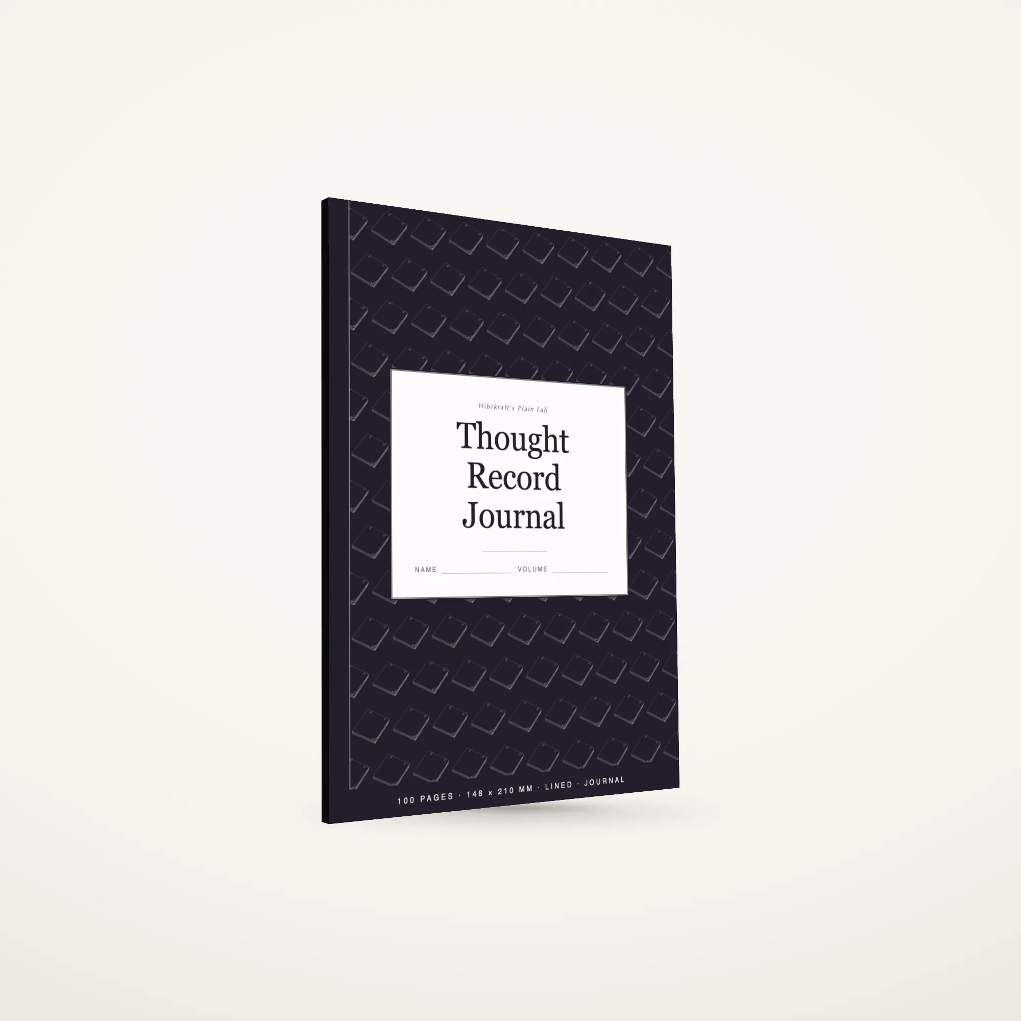 Thought Record Journal A5 berdiri tertutup di atas permukaan polos, sampul tenang dengan motif geometris, tebal sekitar enam milimeter.