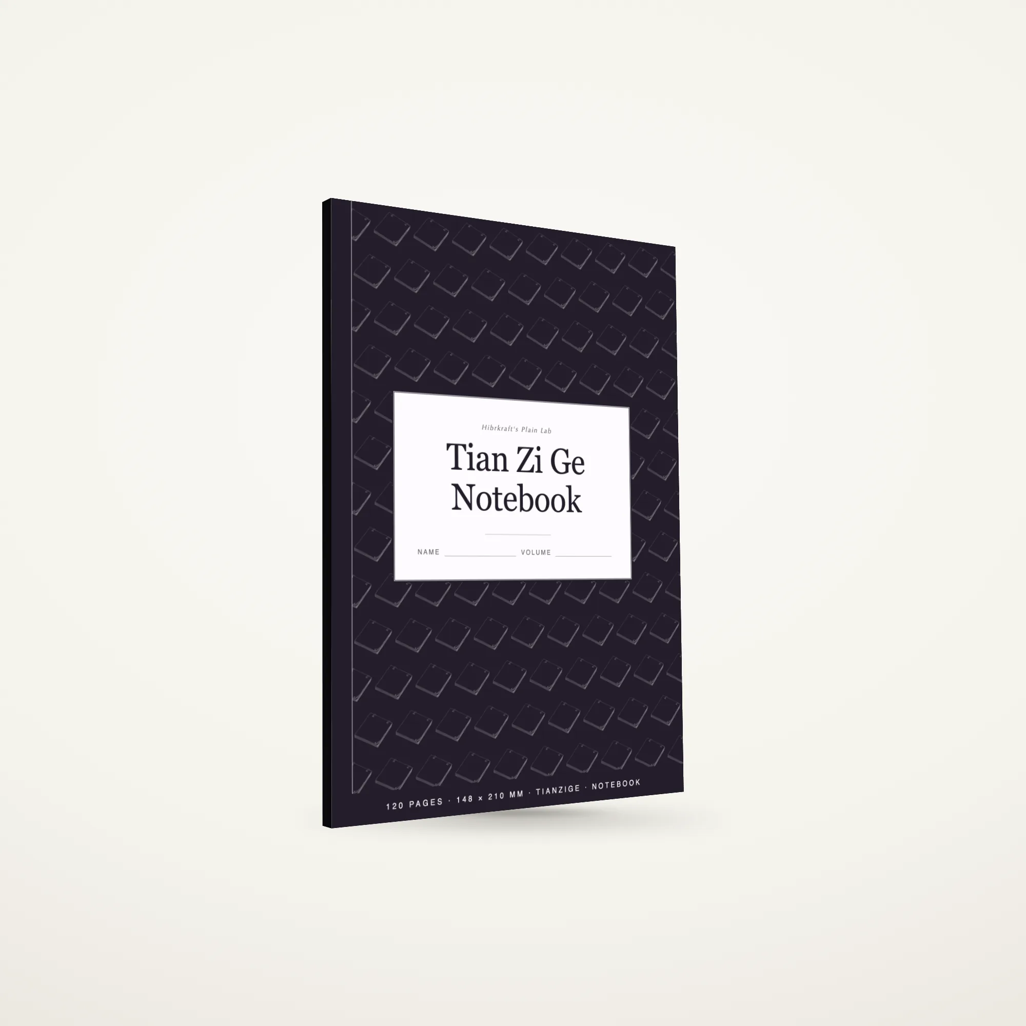 Tian Zi Ge Notebook A5 berdiri tertutup, sampul plum dengan motif rak perpustakaan dicetak terbalik, kotak aksara bergaris di dalamnya.