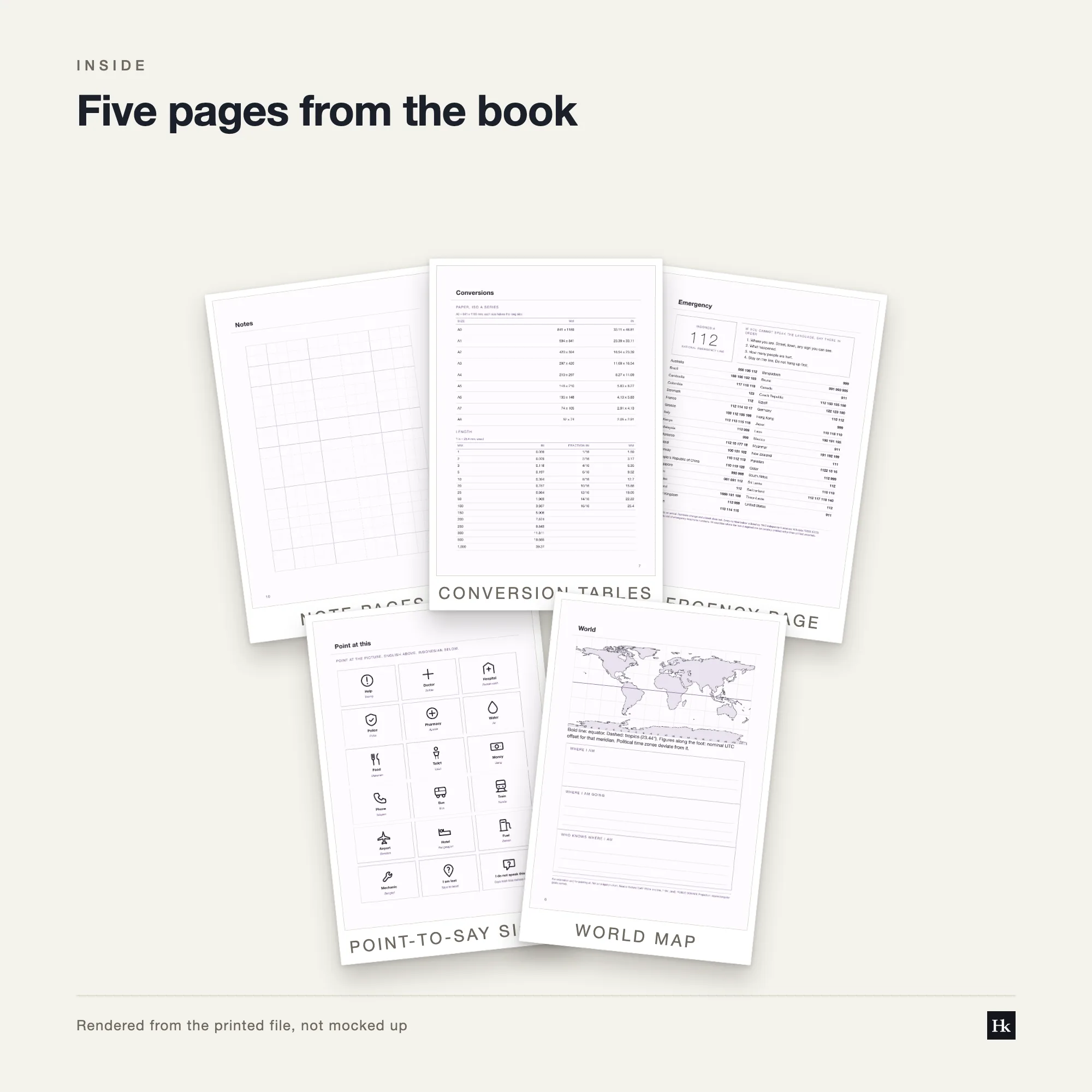 Five pages from the Tian Zi Ge Notebook shown as cards: how-to-use page, divider, quartered-square practice page, lined notes page, conversion table page.