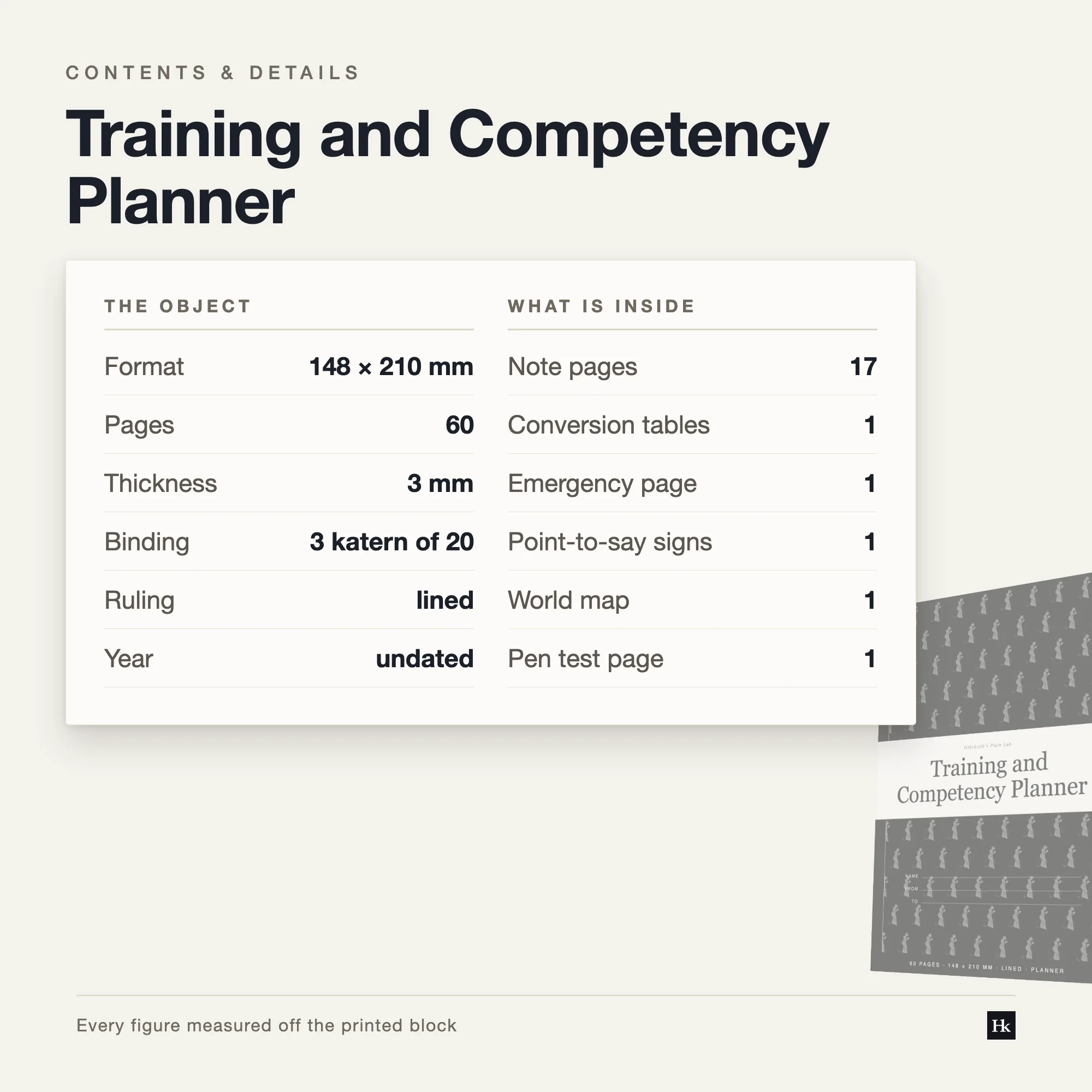 Specification card listing the Training and Competency Planner contents: 12 habit pages, 12 project pages, 6 reflection pages, 17 notes pages, 60 pages total, A5 trim.
