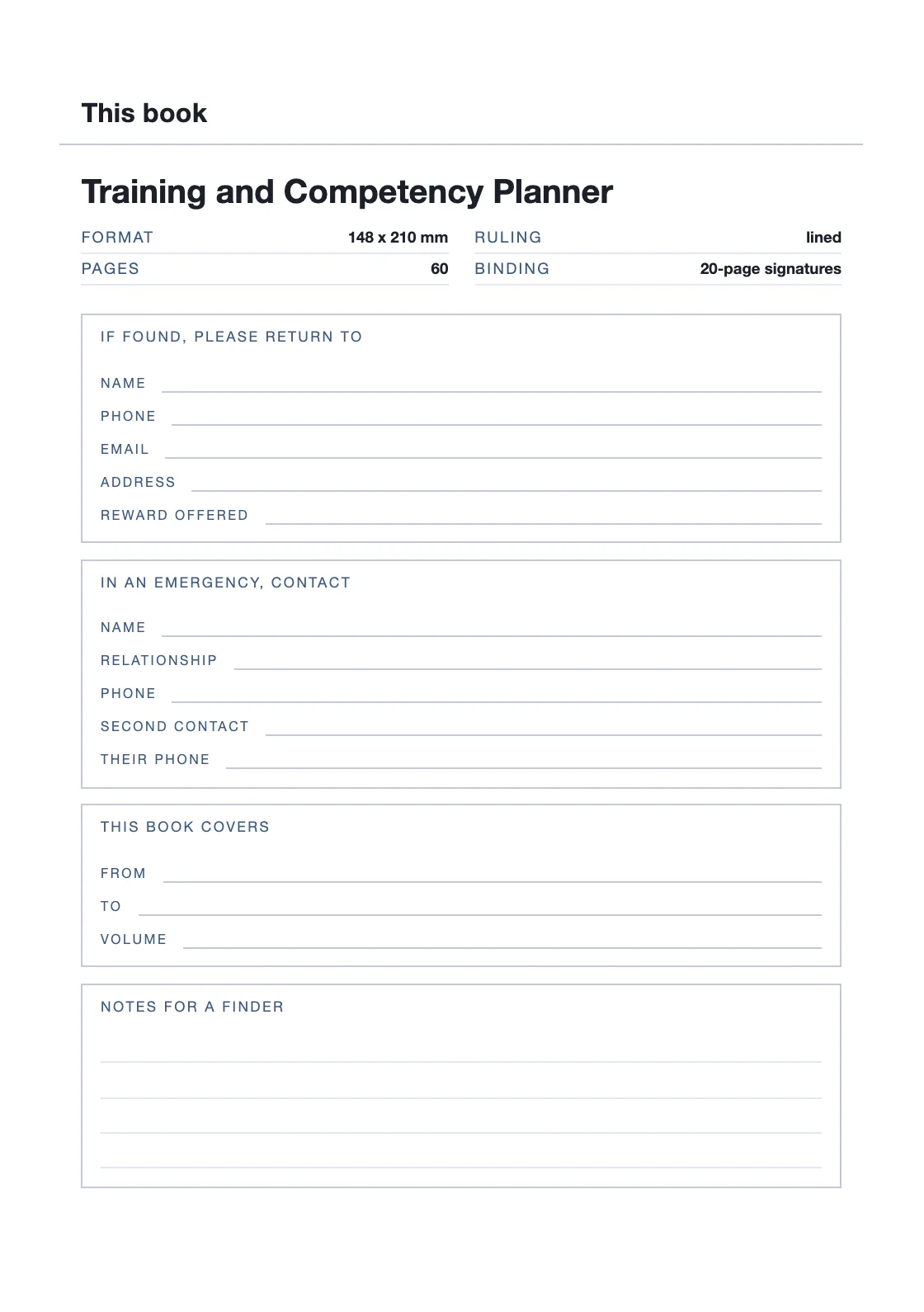 One page for your name and number, so a book that goes missing can come back. — Training and Competency Planner