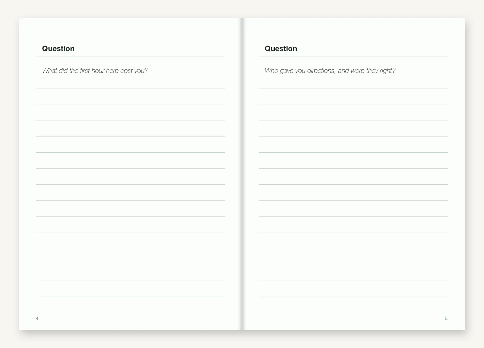 Uma abertura do Travel Insert: duas páginas ao lado uma da outra encimadas por Question, uma a perguntar quanto lhe custou a primeira hora aqui, a outra quem lhe deu as direcções e se estavam certas, com linhas pautadas por baixo.