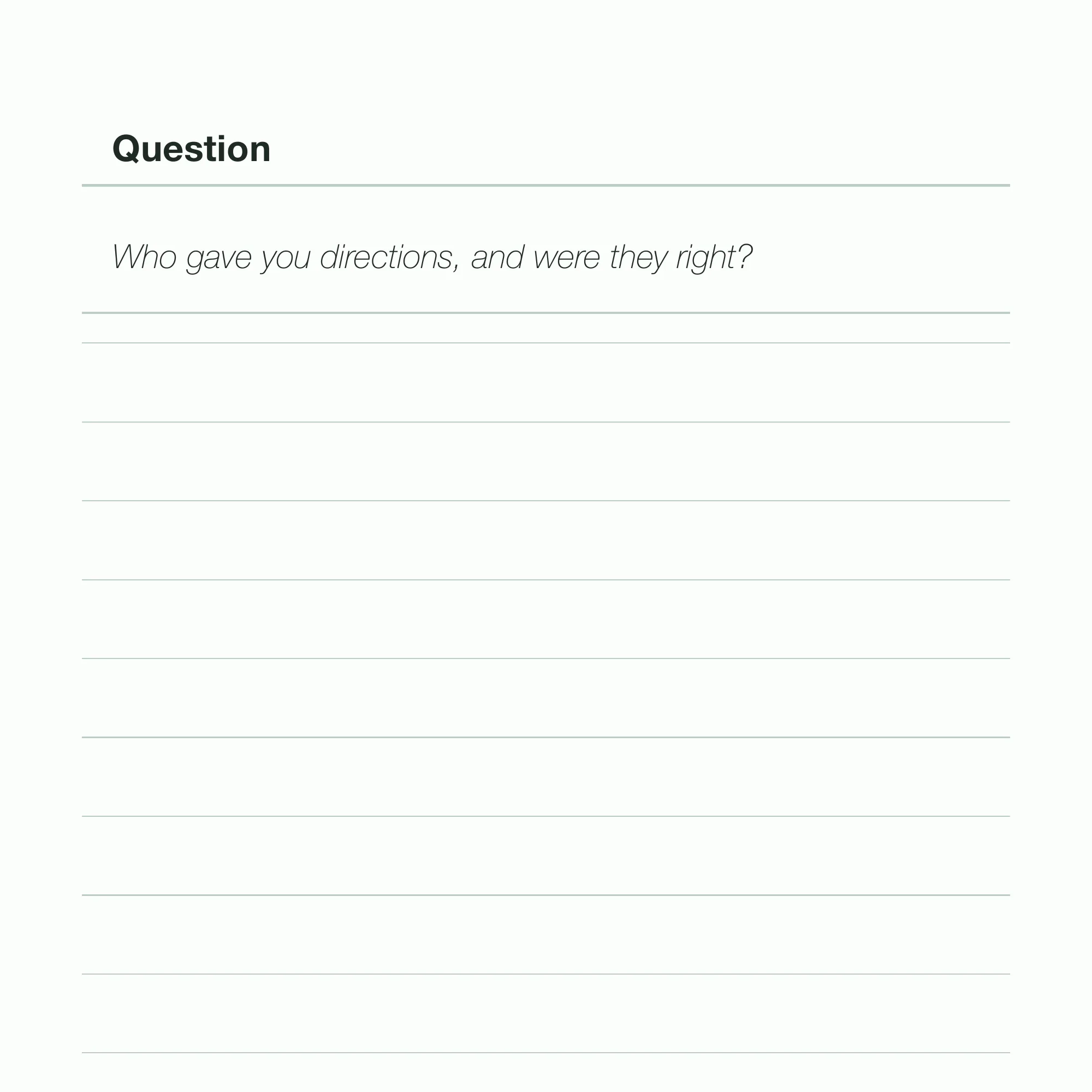 A close view of a travel prompt, the printed question above the ruled lines left for an answer.