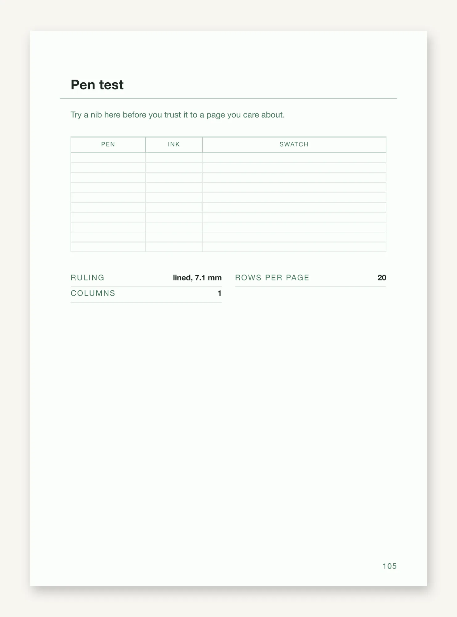 The pen-test leaf with its pen, ink and swatch table, and the printed figures: lined, 7.1 mm, 20 rows per page, one column.