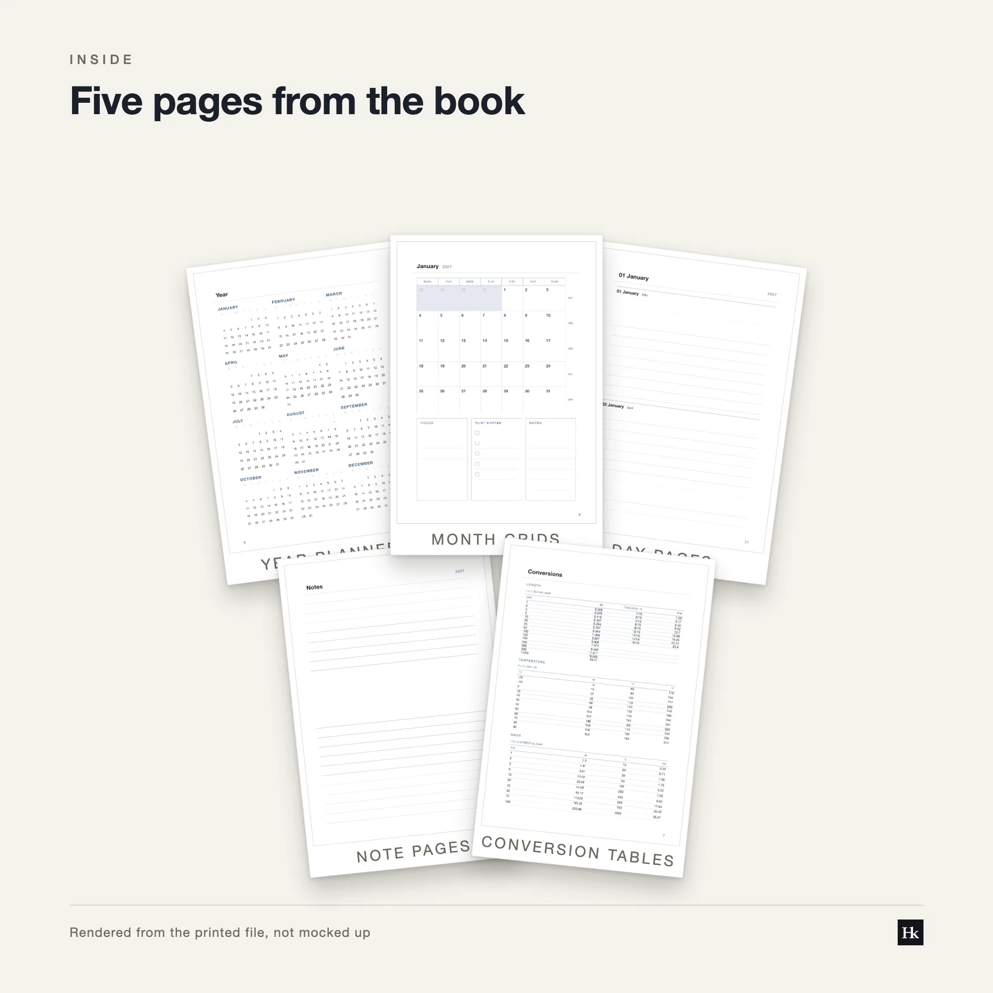 Five pages from Two Days Per Page laid out as cards: a two-day split page, a month spread, a notes page, a reference table, and the pen test page.