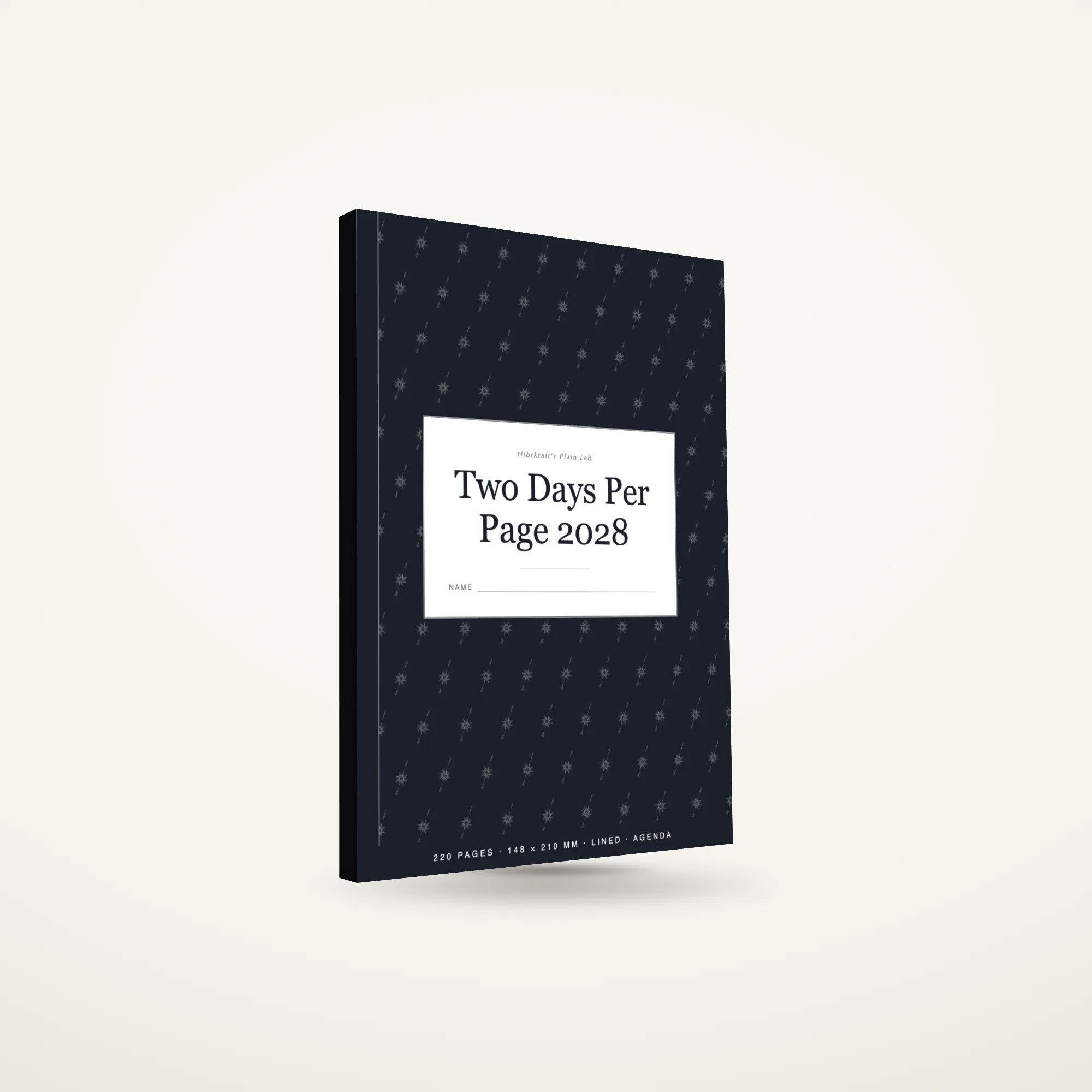 Two Days Per Page 2028 A5 berdiri tertutup di atas permukaan polos, sampul buku harian bertanggal.