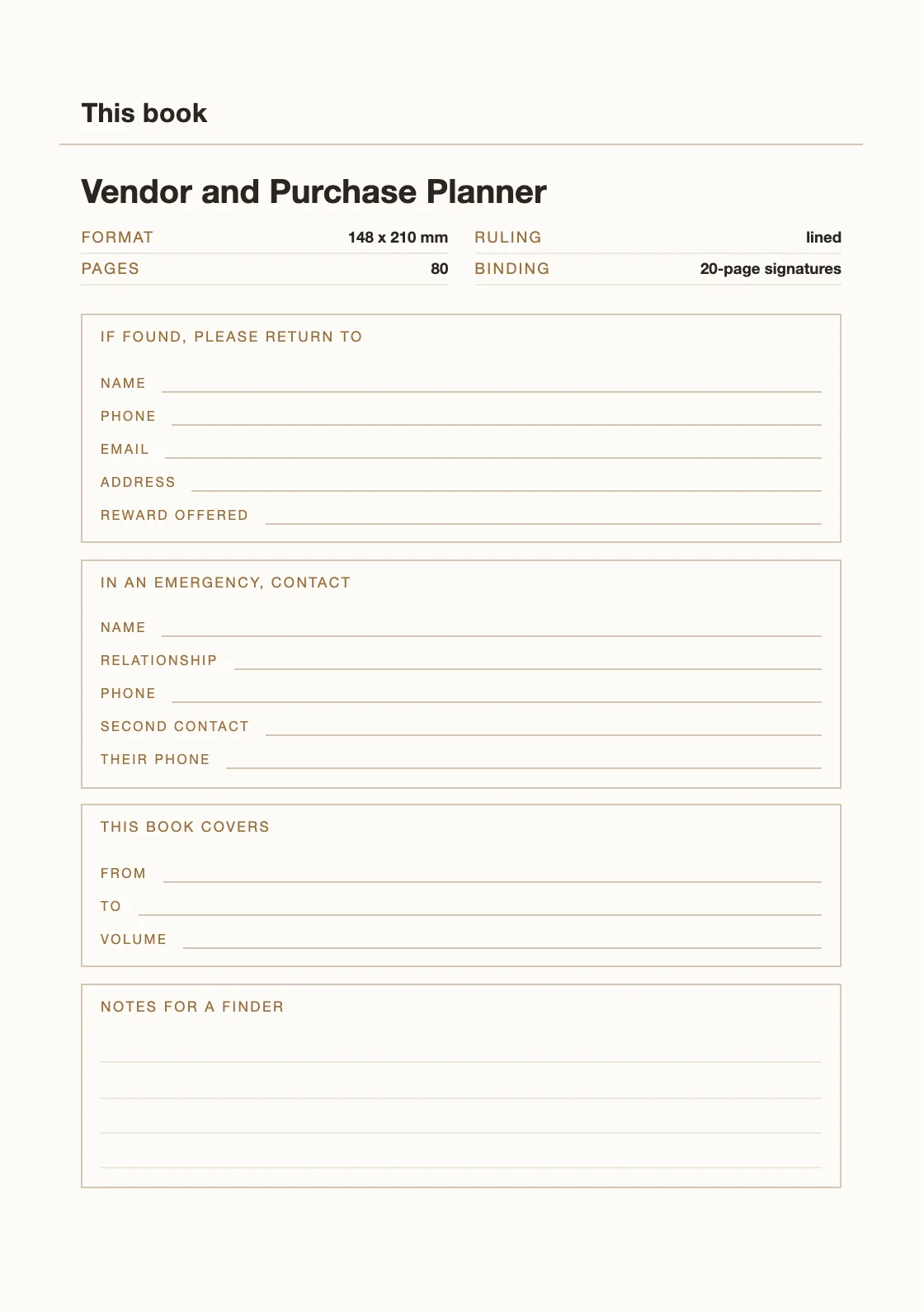 Satu halaman untuk nama dan nomor Anda, supaya buku yang hilang bisa kembali. — Vendor and Purchase Planner