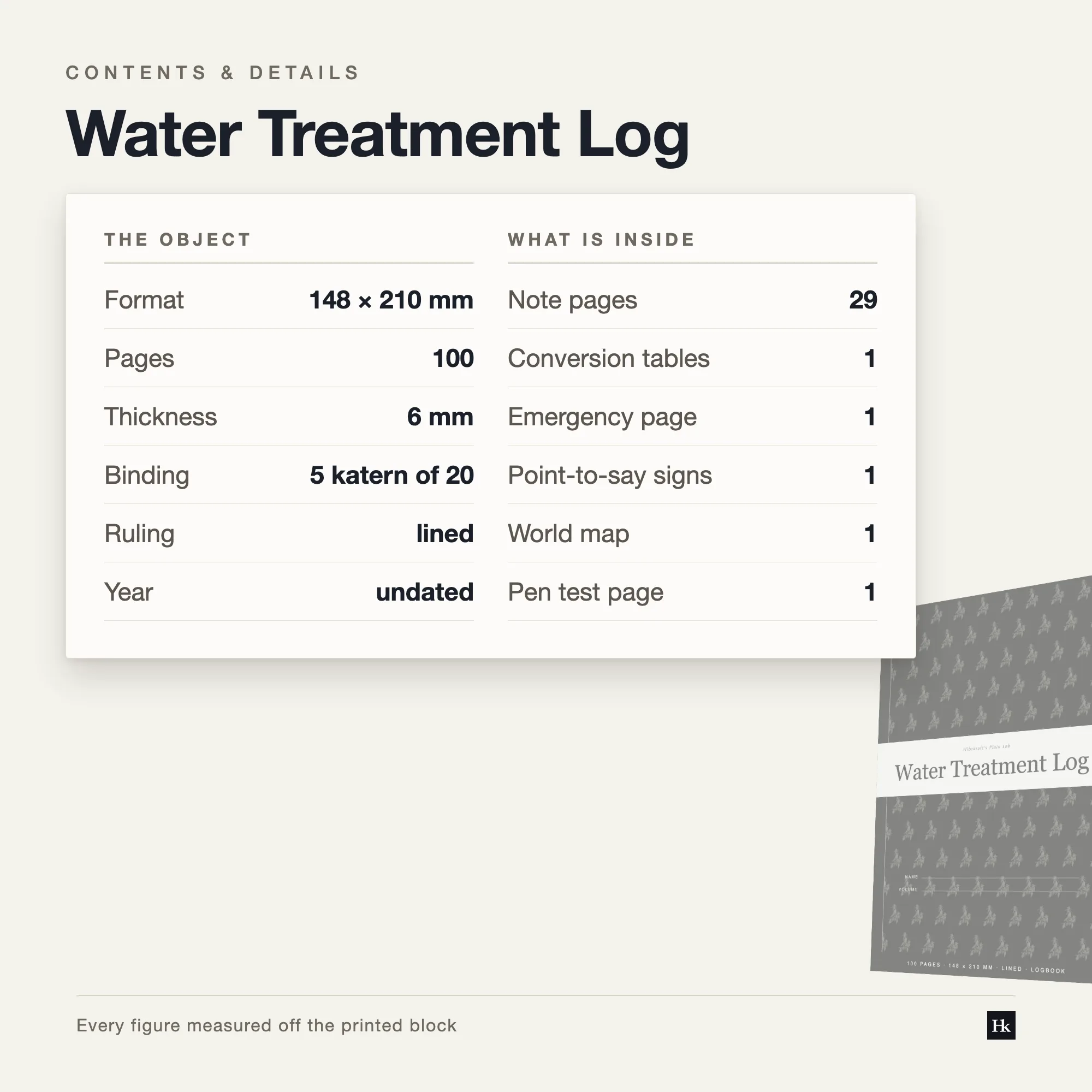 Specification card listing the Water Treatment Log contents: 60 log pages, 29 note pages, 100 pages total, A5 trim, five signatures of twenty.