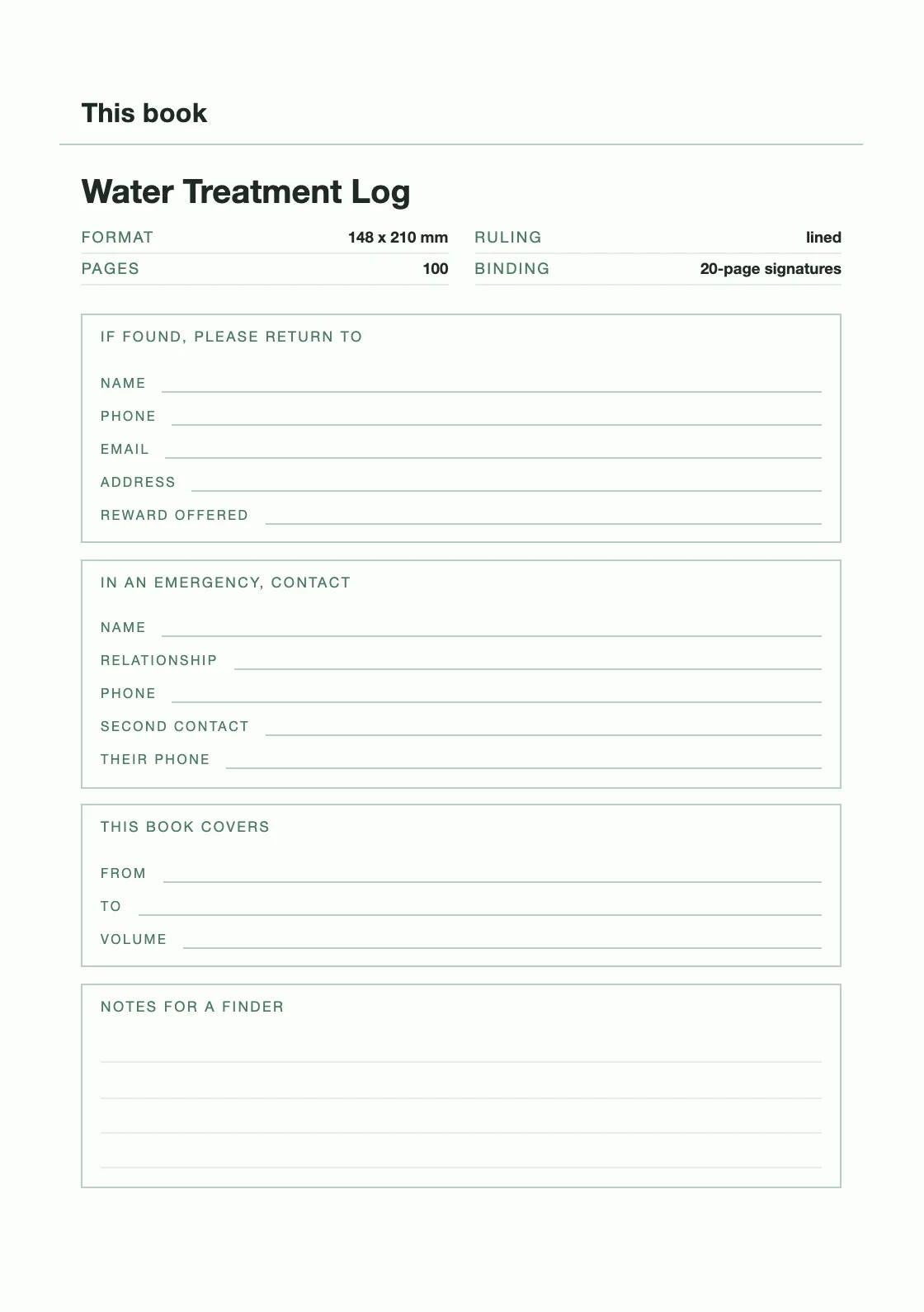 One page for your name and number, so a book that goes missing can come back. — Water Treatment Log