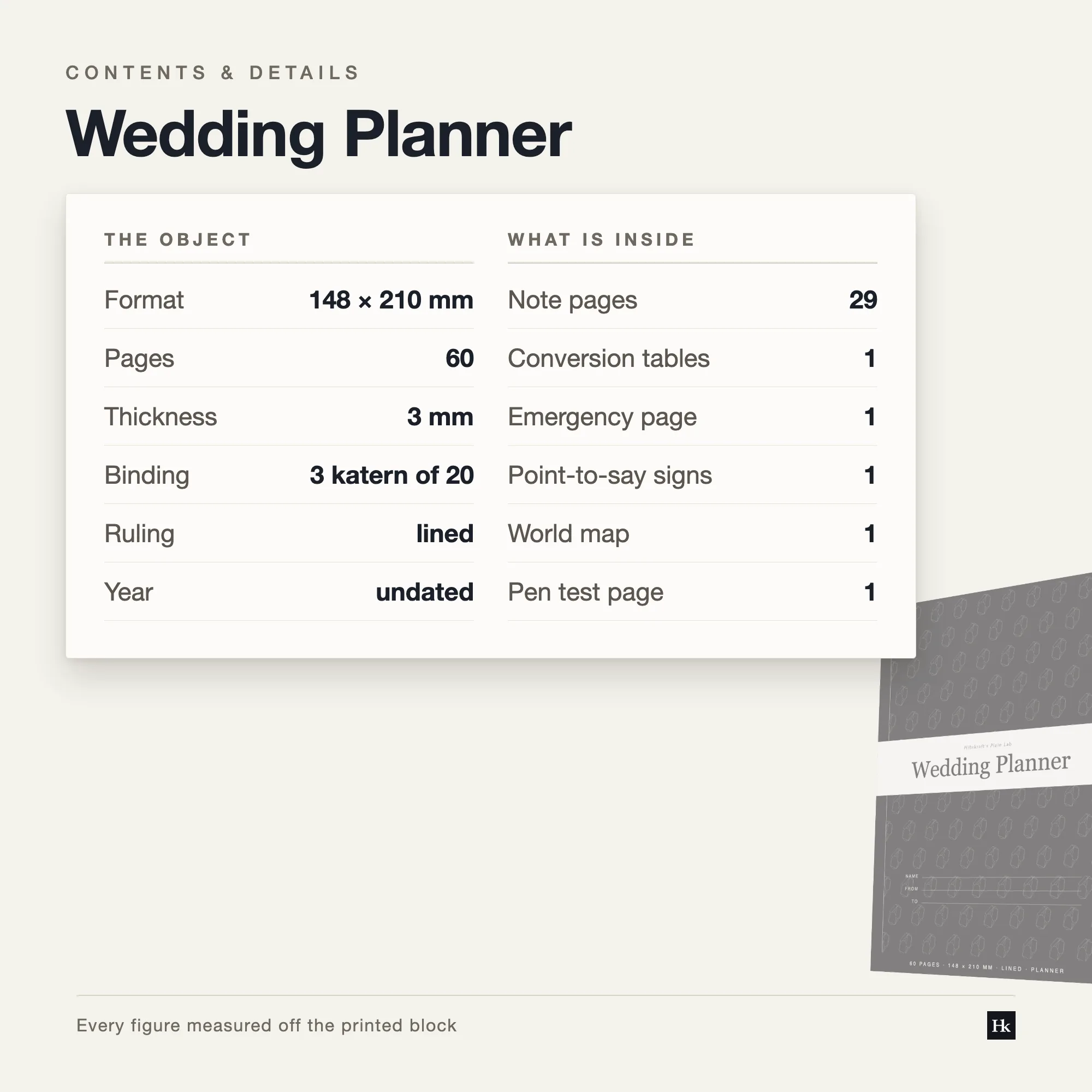 Specification card listing the Wedding Planner contents: 10 project pages, 8 finance pages, 29 notes pages, 60 pages total, A5 trim.