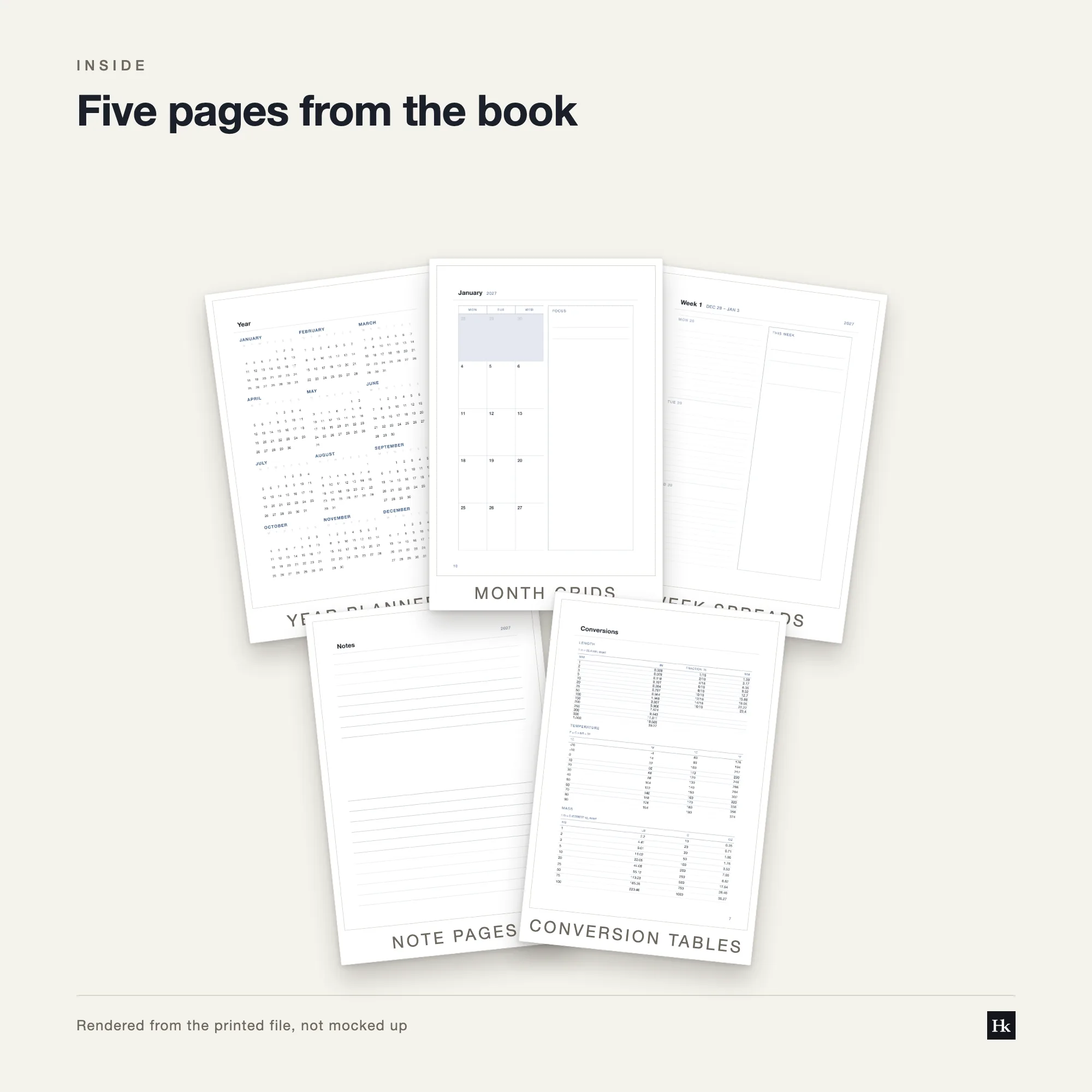 Five pages from Week on Two Pages 2027 laid out as cards: a week spread, a two-page month opener, a lined notes page, a year-at-a-glance page, and a reference table.