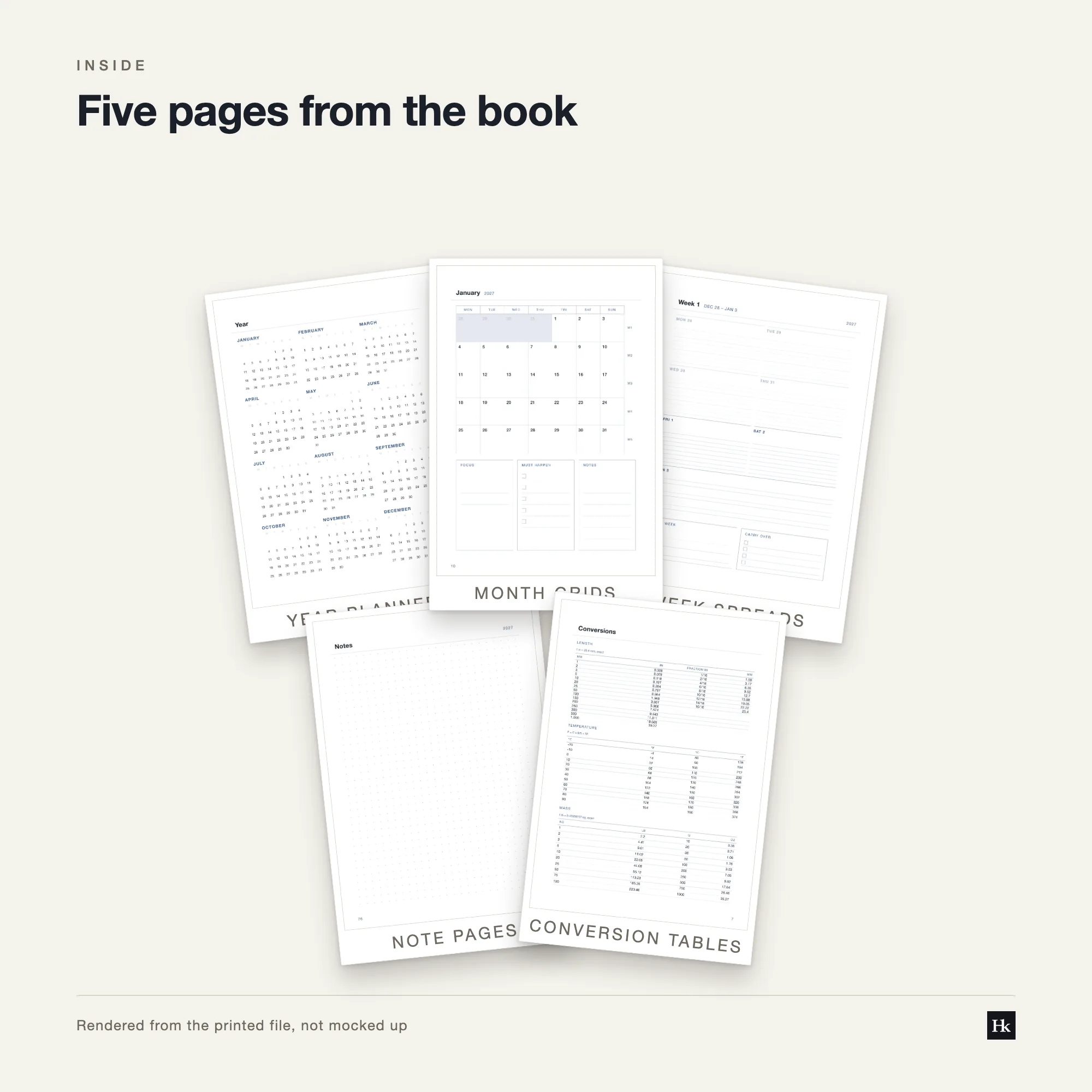 Five pages from the Weekly Agenda 2027 laid out as cards: a week page, a month page, a dot-grid notes page, a year page, and the pen test page.