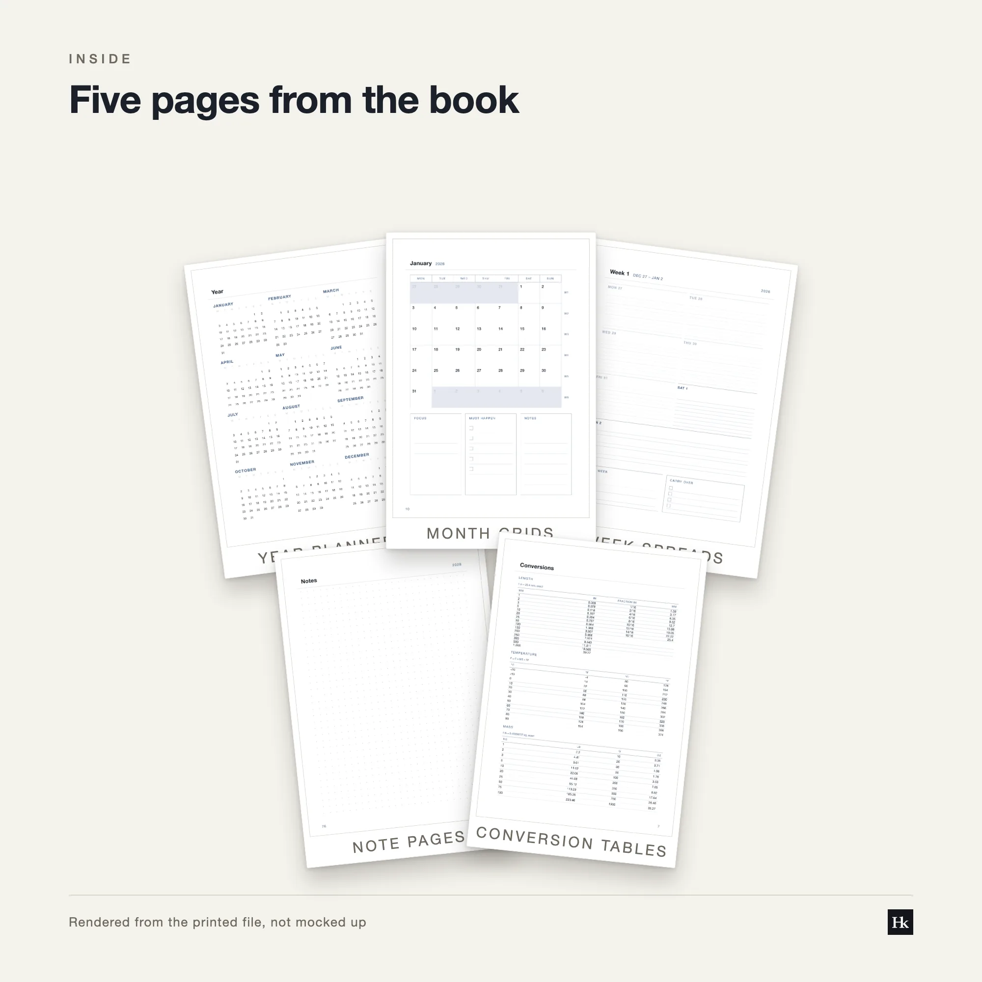 Five pages from the Weekly Agenda 2028 laid out as cards: a week page, a month page, a dot-grid notes page, a year page, and the pen test page.