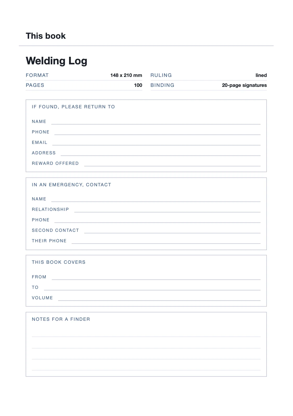 Satu halaman untuk nama dan nomor Anda, supaya buku yang hilang bisa kembali. — Welding Log
