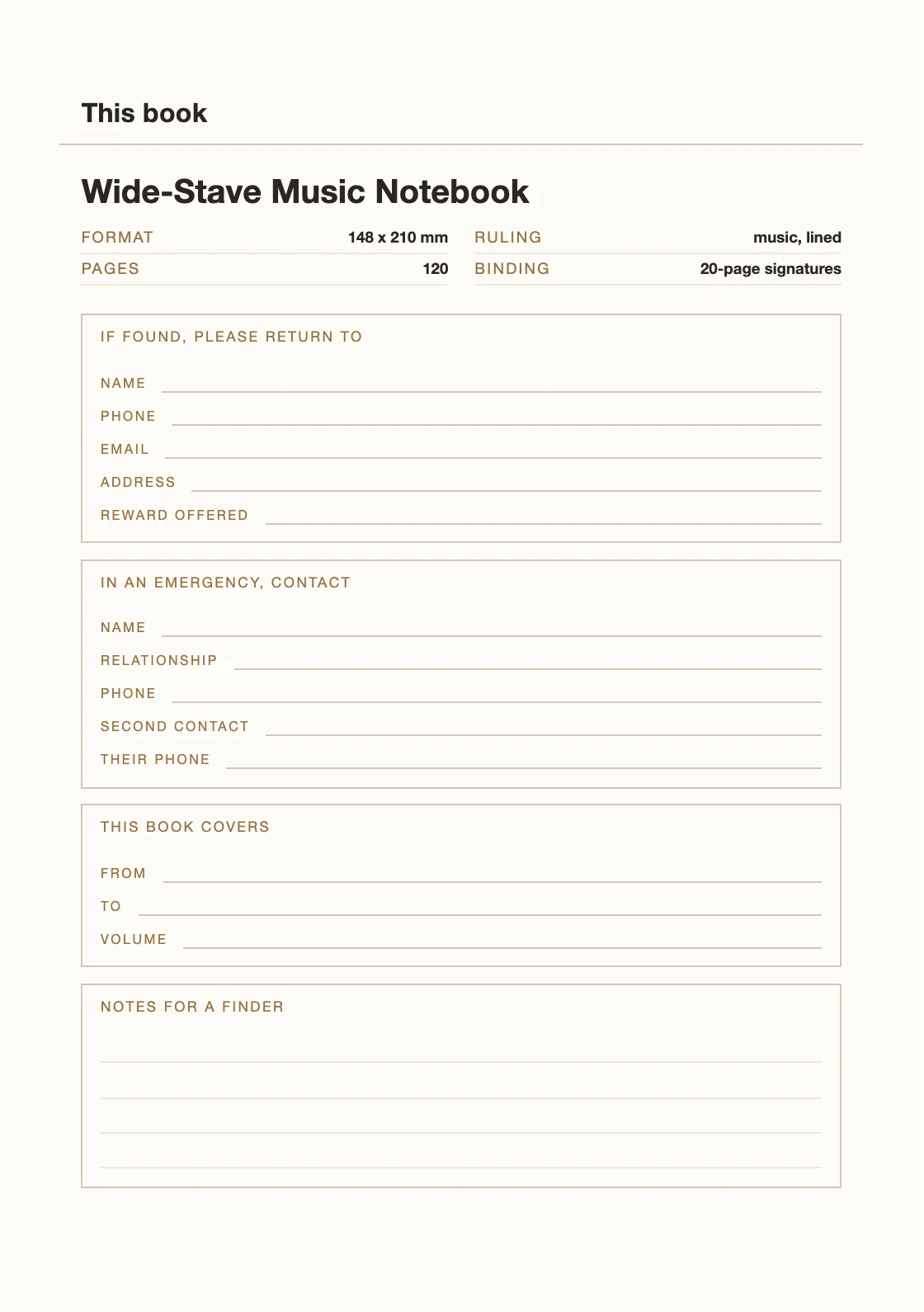 One page for your name and number, so a book that goes missing can come back. — Wide-Stave Music Notebook
