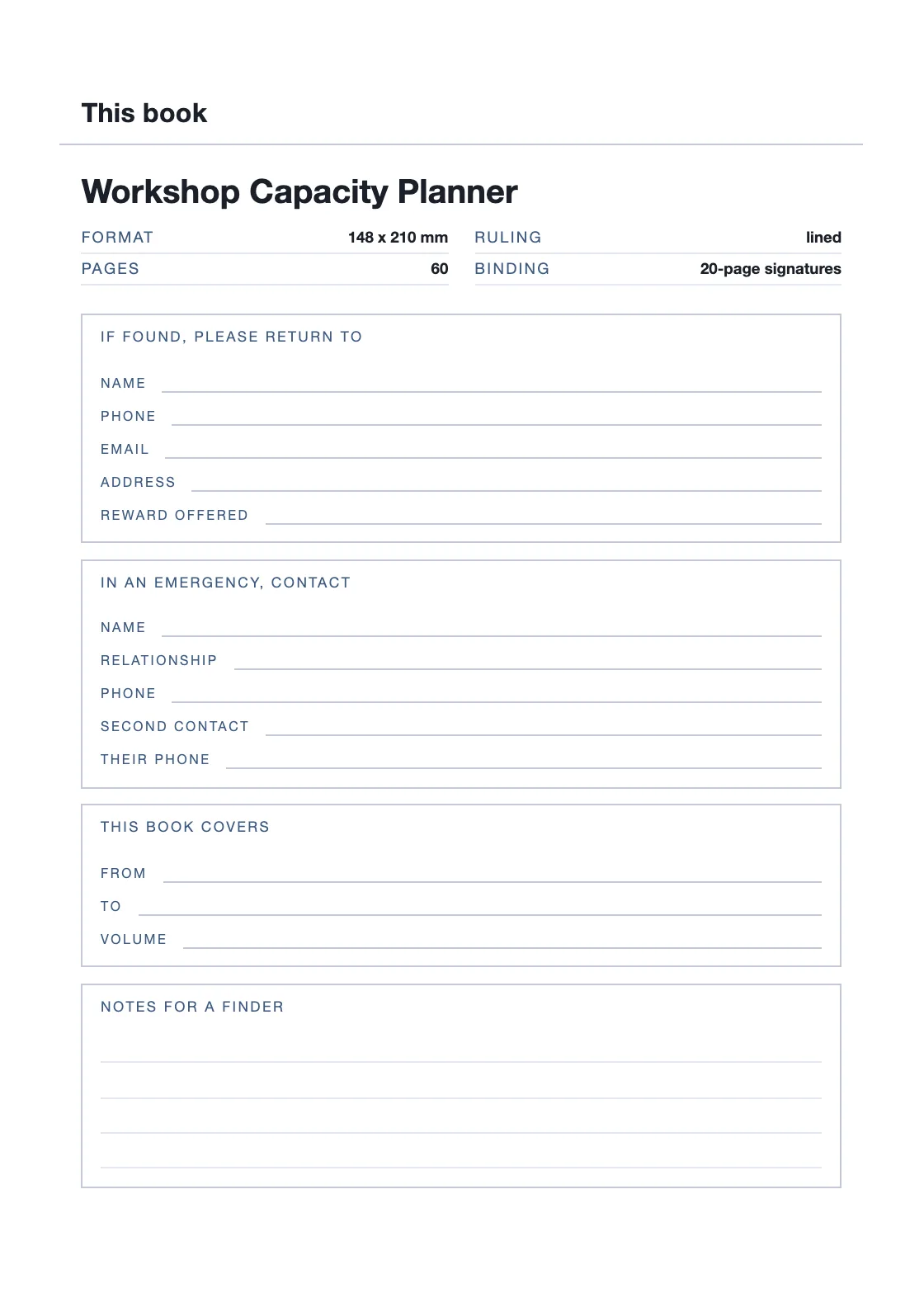 Uma página para o seu nome e número, para que um livro perdido possa voltar. — Workshop Capacity Planner