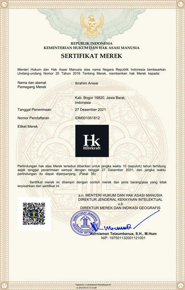 Sertifikat Merek dari Direktorat Jenderal Kekayaan Intelektual atas nama Ibrahim Anwar, nomor pendaftaran IDM001061812, merek Hibrkraft, kelas 16, terbit 10 Maret 2023